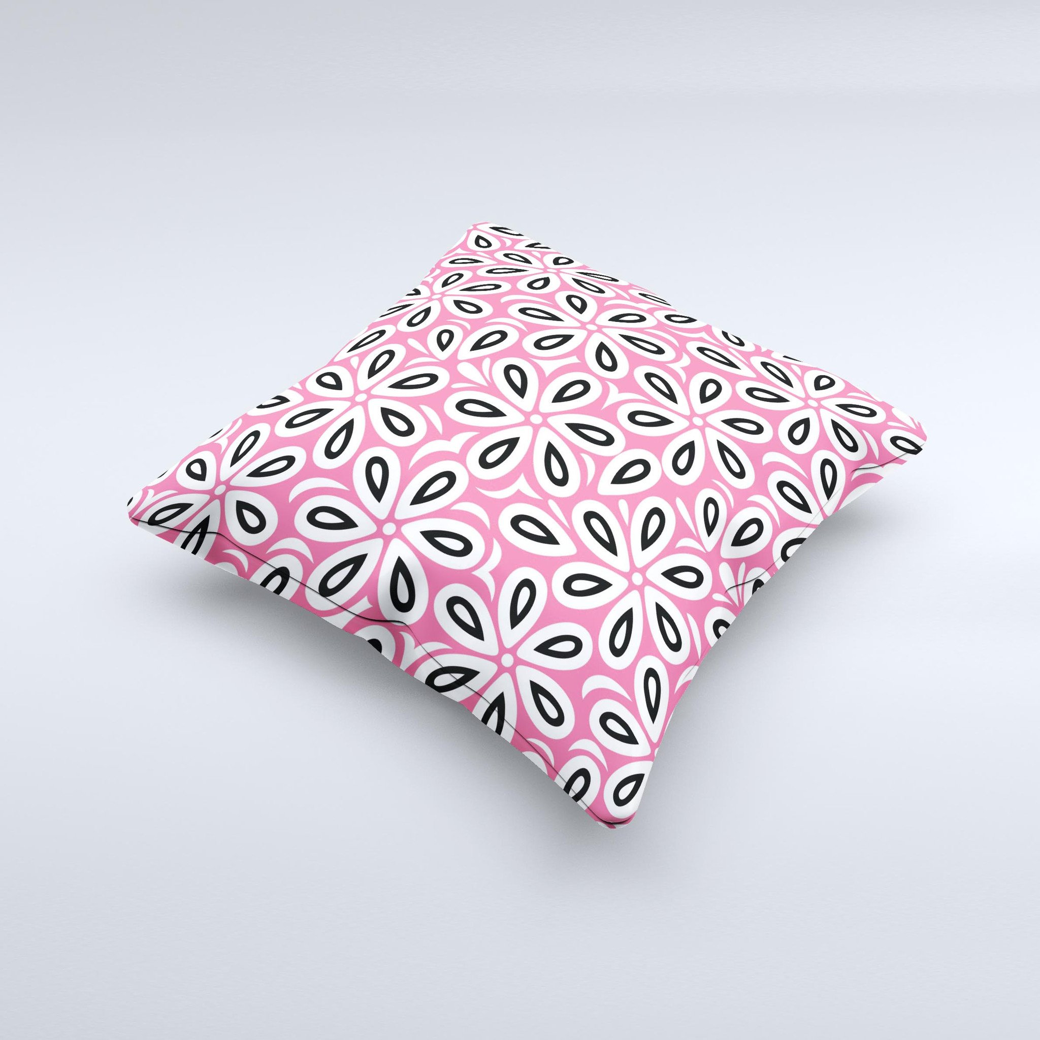 Pink and black decorative throw pillow featuring a floral vector pattern, handcrafted in Virginia with high-quality materials.