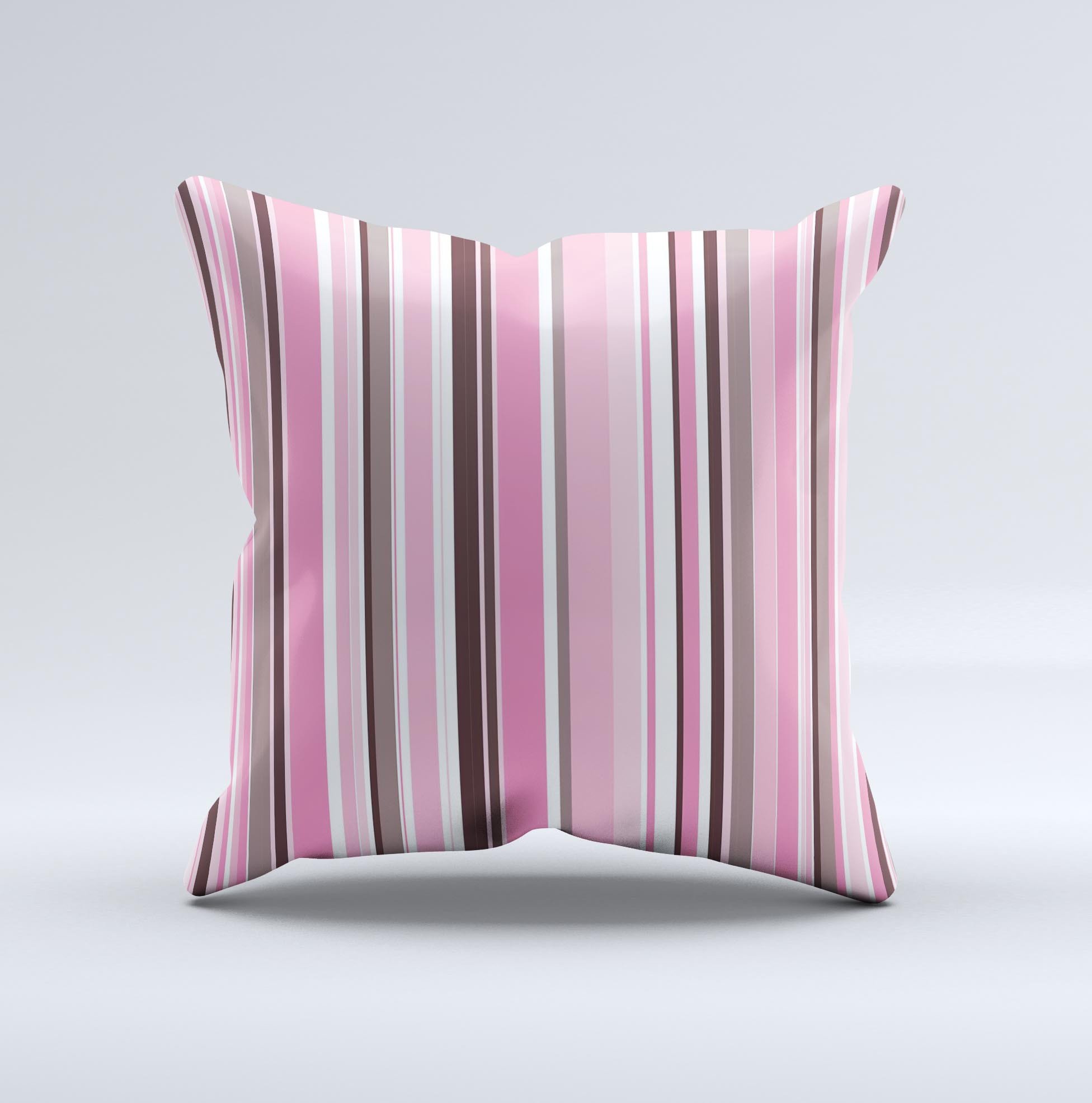 Pink and brown decorative throw pillow with fashion stripes, handcrafted in Virginia, showcasing unique design and high-quality fabric.