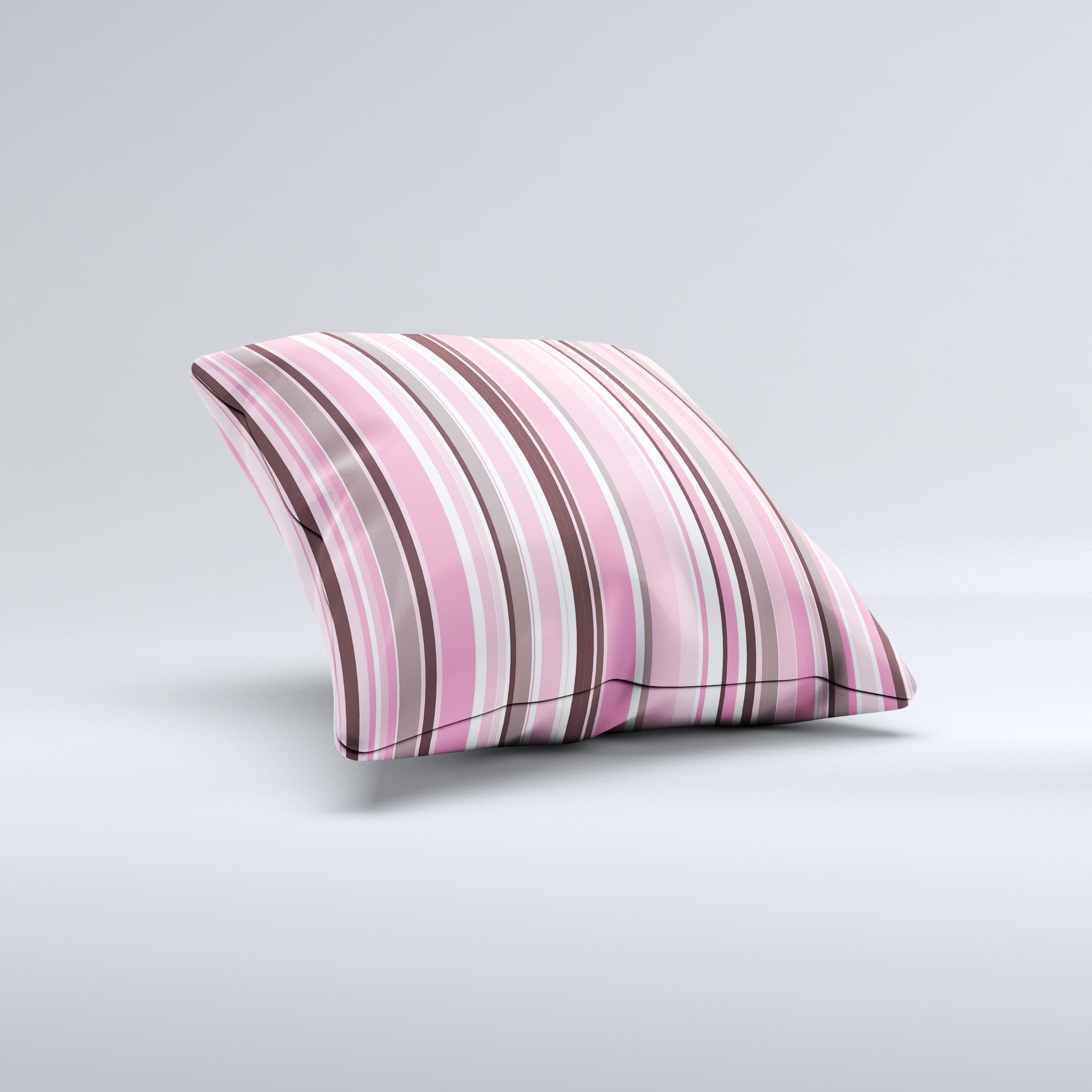 Pink and brown decorative throw pillow with fashion stripes, handcrafted in Virginia, showcasing unique design and high-quality fabric.