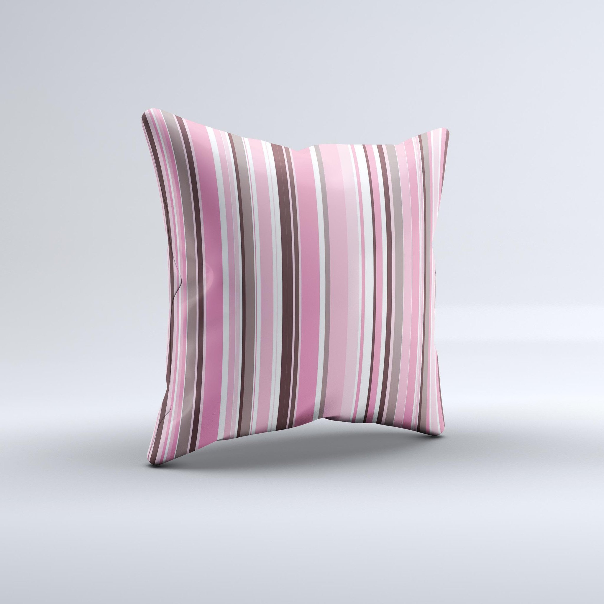 Pink and brown decorative throw pillow with fashion stripes, handcrafted in Virginia, showcasing unique design and high-quality fabric.