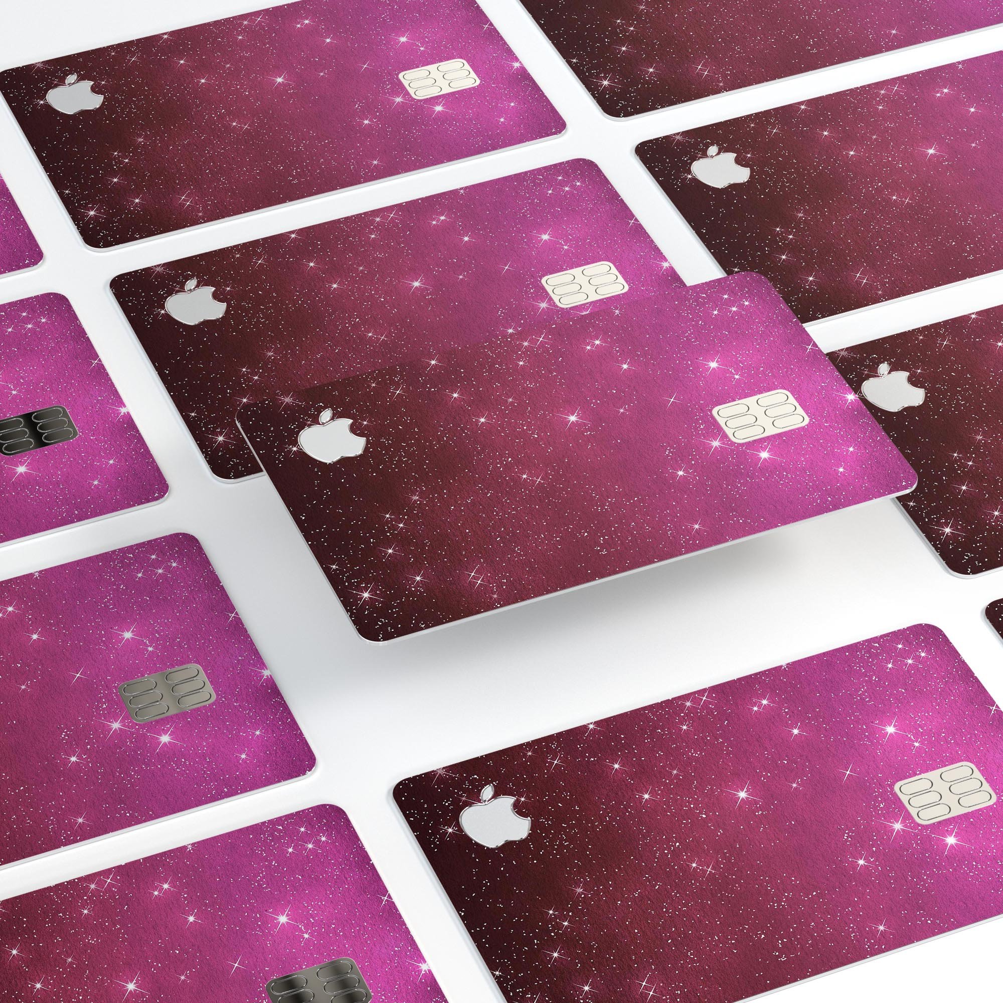 Pink and Burgundy Sparkling Orbs skin kit for Apple Card, showcasing vibrant colors and premium vinyl material.