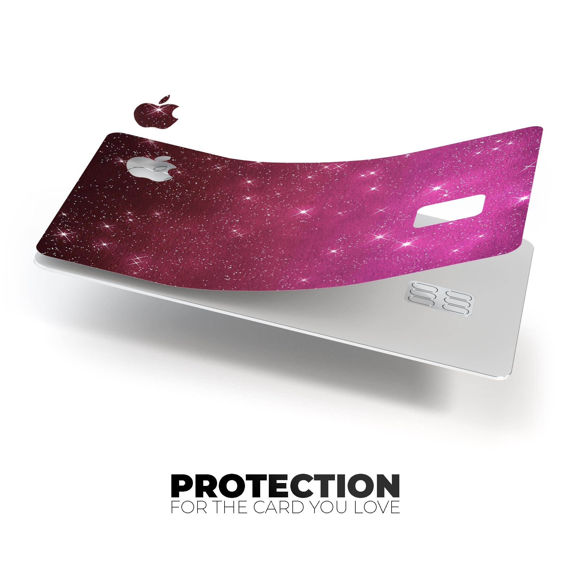 Pink and Burgundy Sparkling Orbs skin kit for Apple Card, showcasing vibrant colors and premium vinyl material.