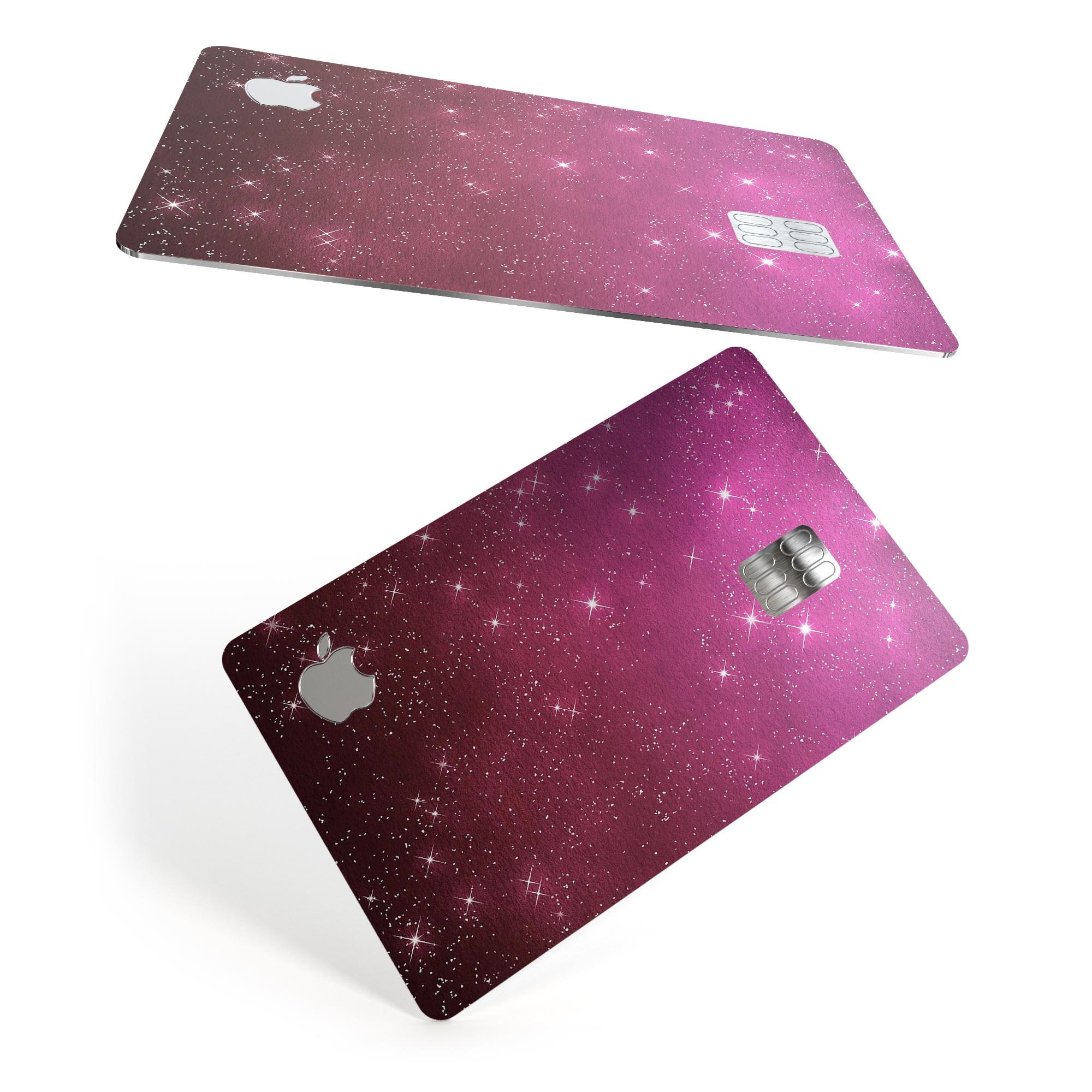 Pink and Burgundy Sparkling Orbs skin kit for Apple Card, showcasing vibrant colors and premium vinyl material.