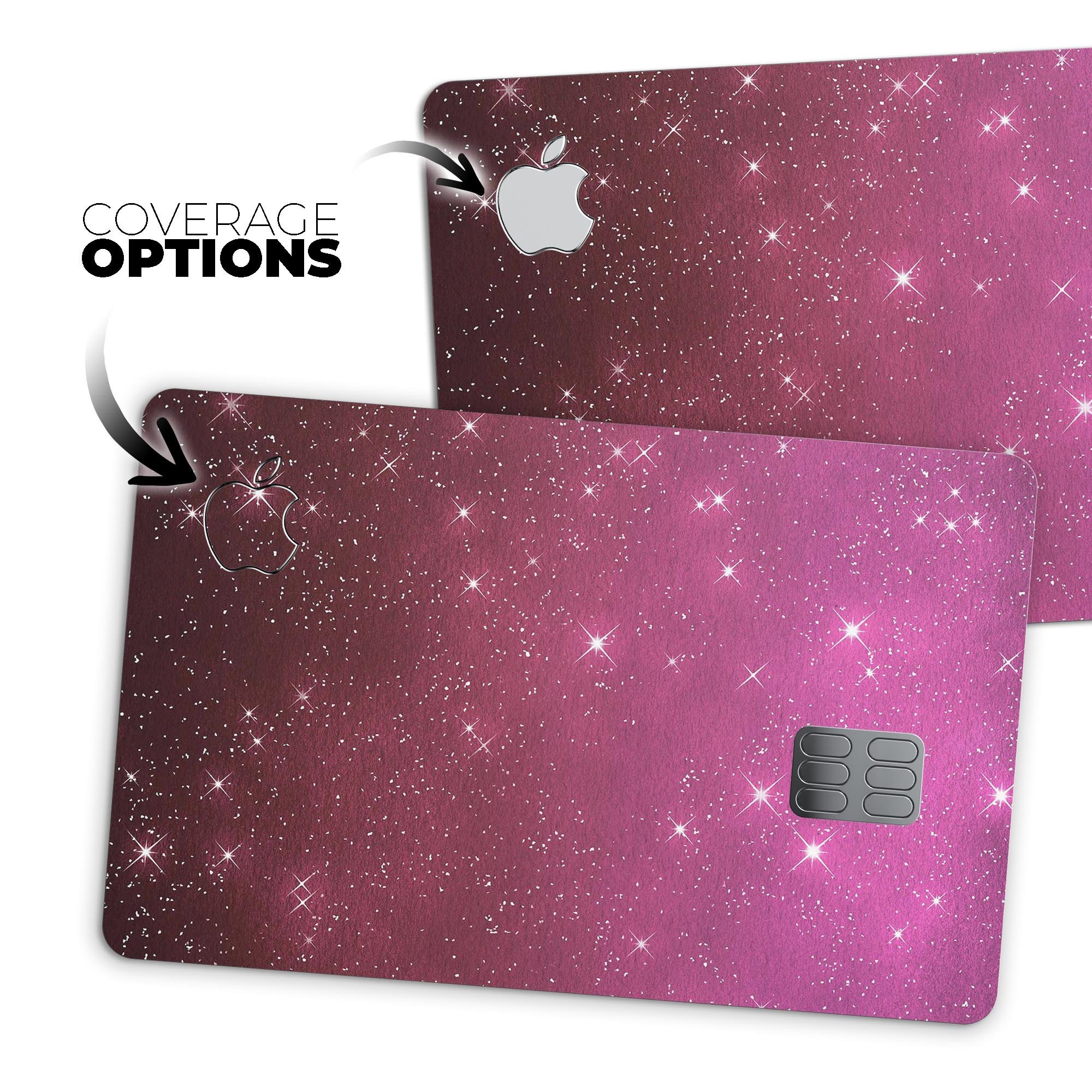 Pink and Burgundy Sparkling Orbs skin kit for Apple Card, showcasing vibrant colors and premium vinyl material.