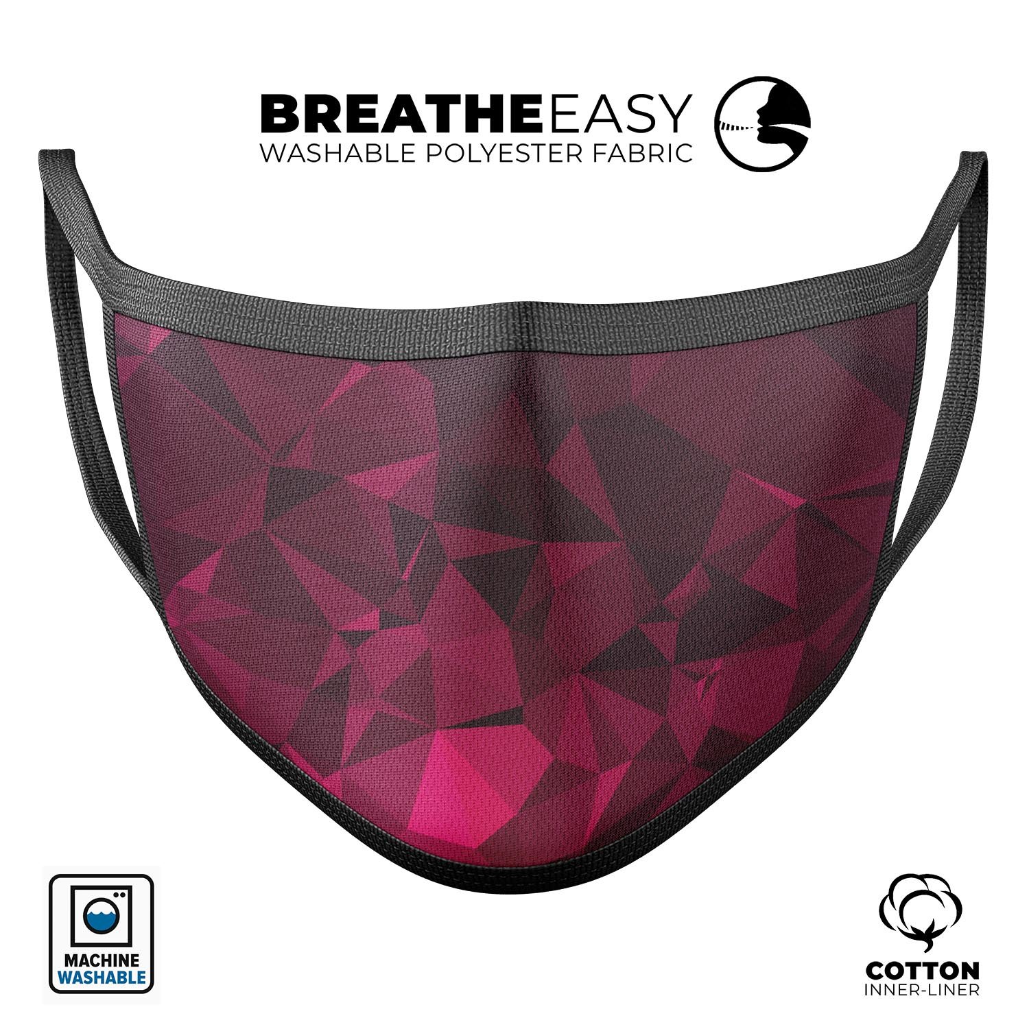 Pink and Red Geometric Triangles reusable mouth cover, showcasing a stylish design with adjustable ear loops for a comfortable fit.