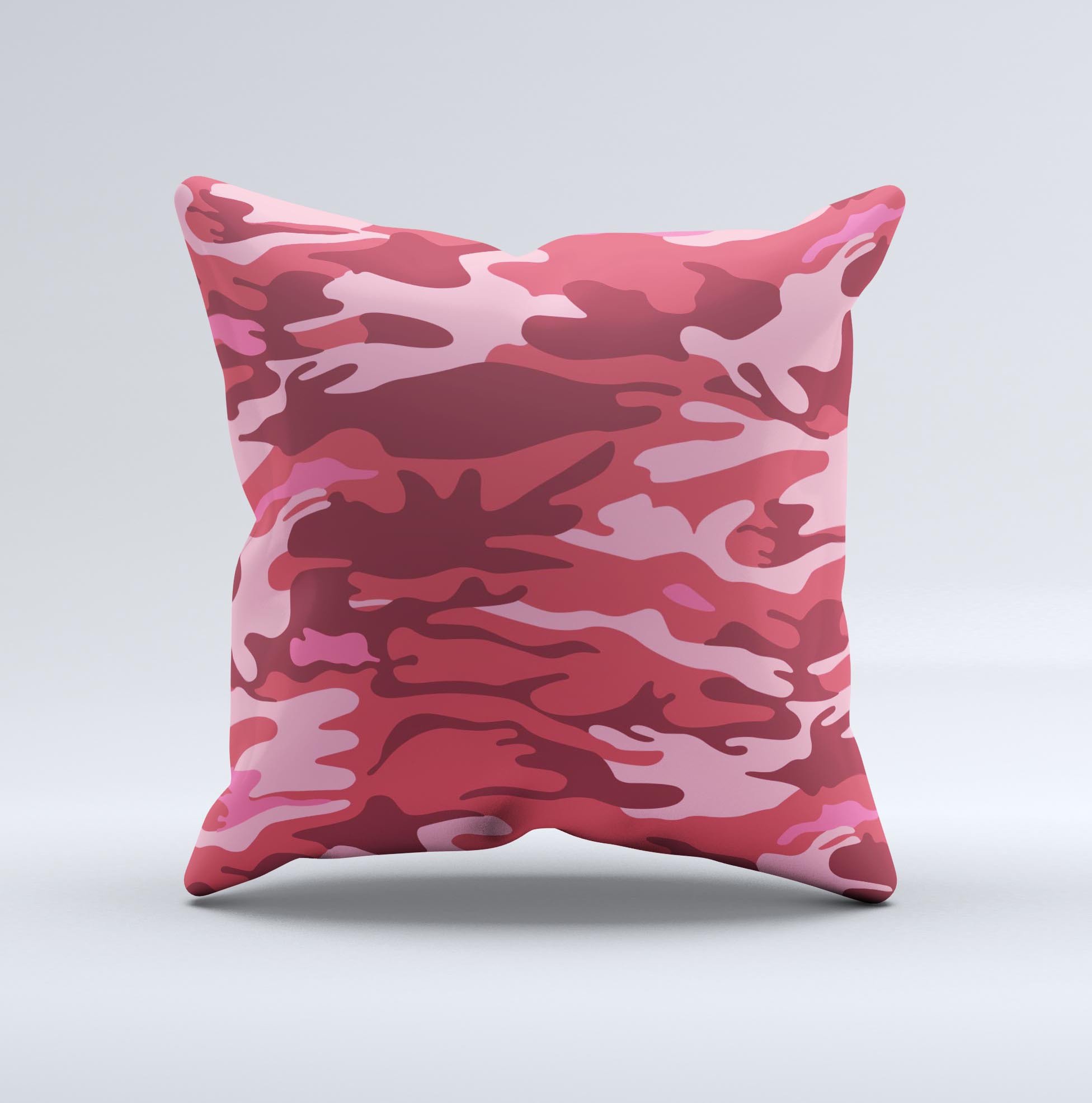 Pink and Red Traditional Camouflage ink-Fuzed Decorative Throw Pillow with intricate design and soft fabric, handcrafted in Virginia.