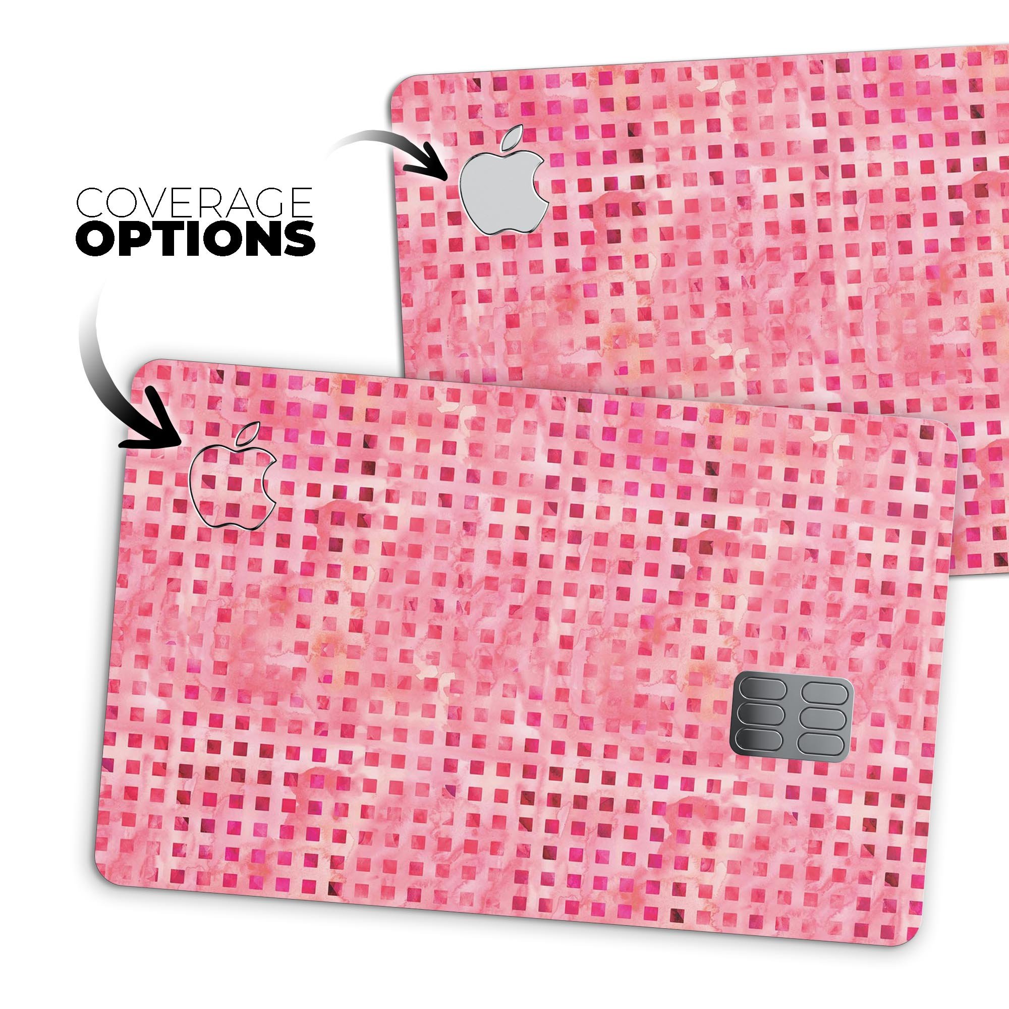 Pink and Red Watercolor Squares decal skin for Apple Card, showcasing vibrant colors and premium vinyl material.