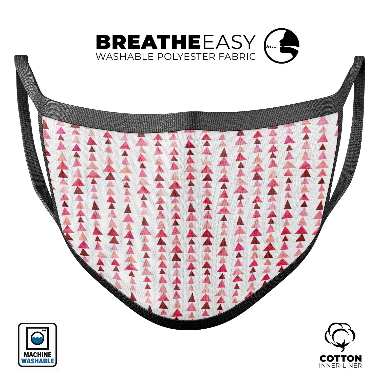 Pink and Red Watercolor Triangle Pattern V2 mouth cover, showcasing a vibrant design with adjustable ear loops.