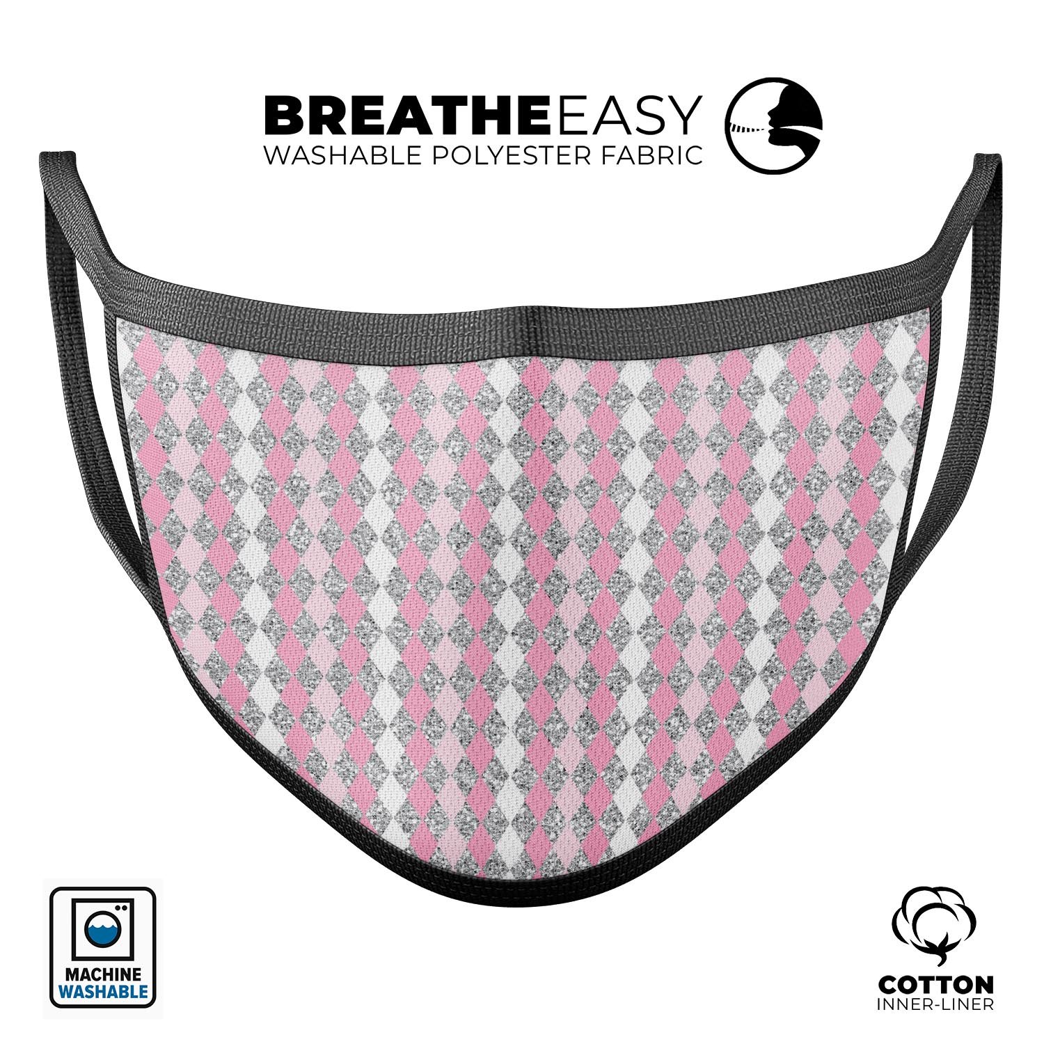 A stylish pink and silver diamond patterned reusable mouth cover, showcasing its vibrant design and adjustable ear loops.