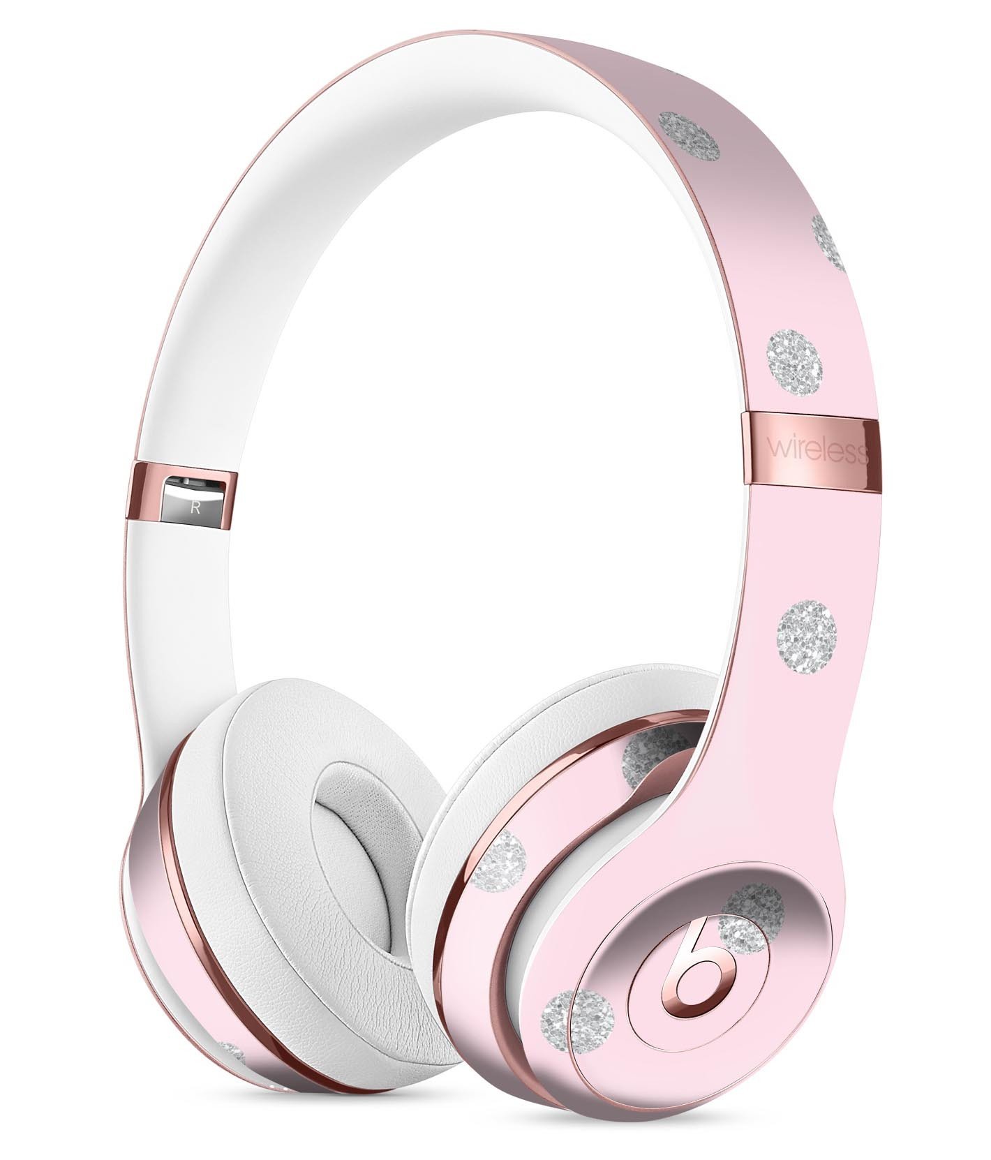 Pink and Silver Glitter Polkadots Full-Body Skin Kit for Beats by Dre Solo 3 Wireless Headphones, showcasing vibrant colors and a stylish design.