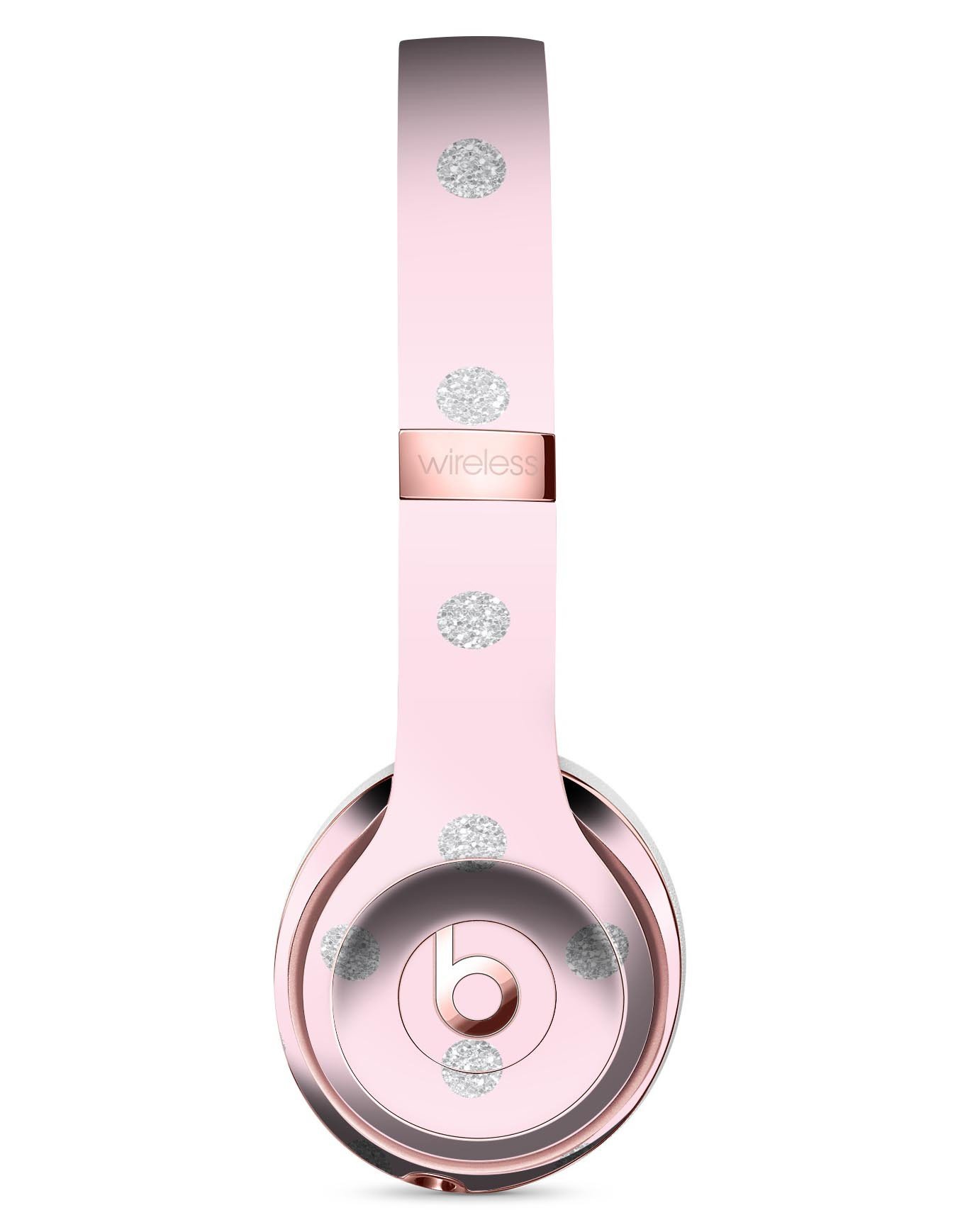 Pink and Silver Glitter Polkadots Full-Body Skin Kit for Beats by Dre Solo 3 Wireless Headphones, showcasing vibrant colors and a stylish design.