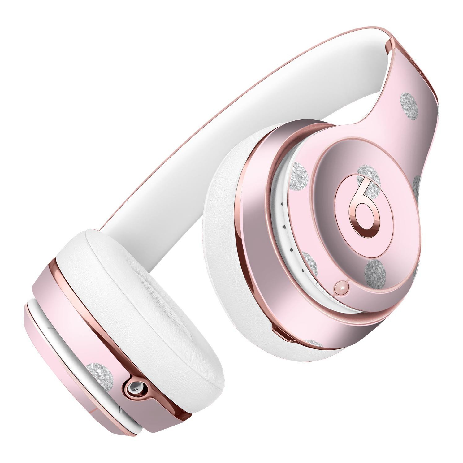 Pink and Silver Glitter Polkadots Full-Body Skin Kit for Beats by Dre Solo 3 Wireless Headphones, showcasing vibrant colors and a stylish design.