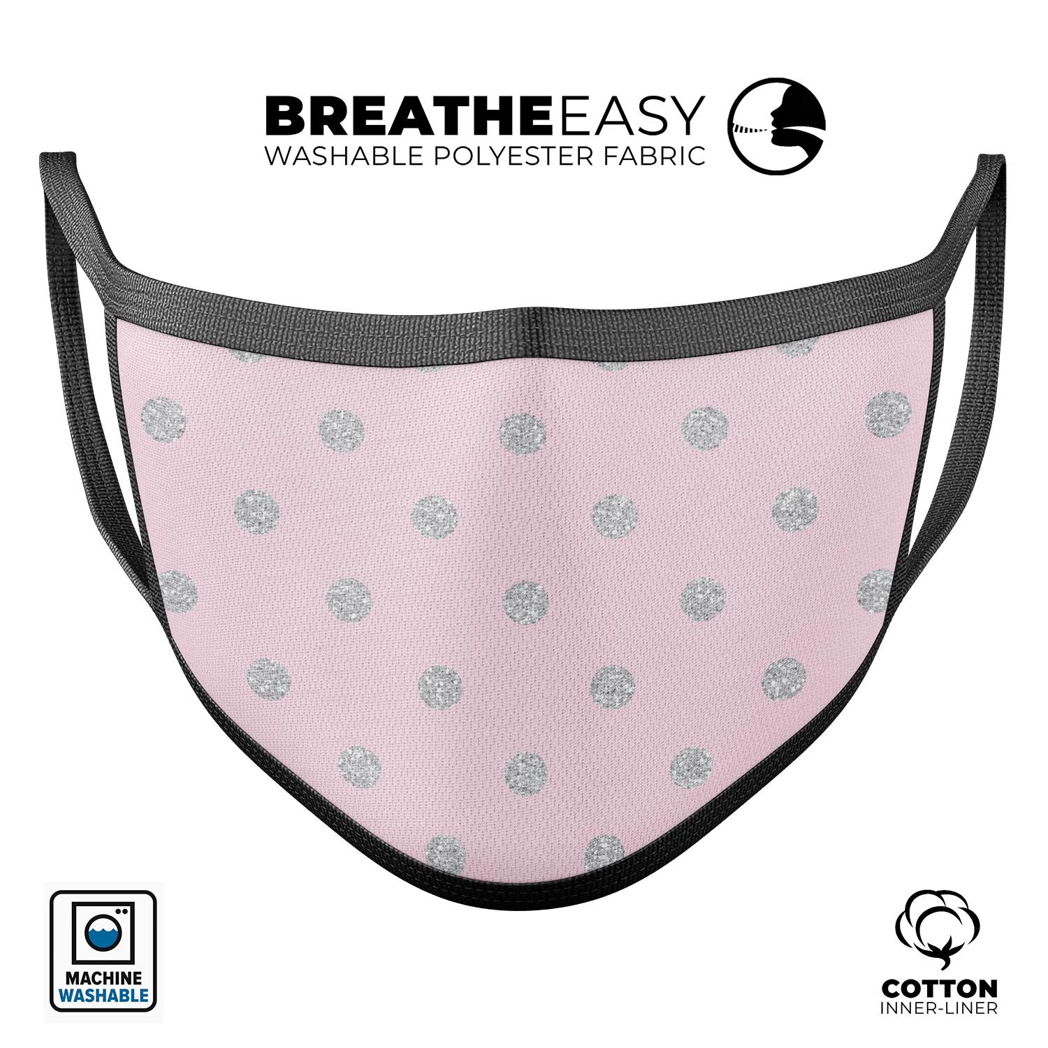 A stylish pink and silver glitter polkadots mouth cover, showcasing its vibrant design and comfortable fit, made in the USA.