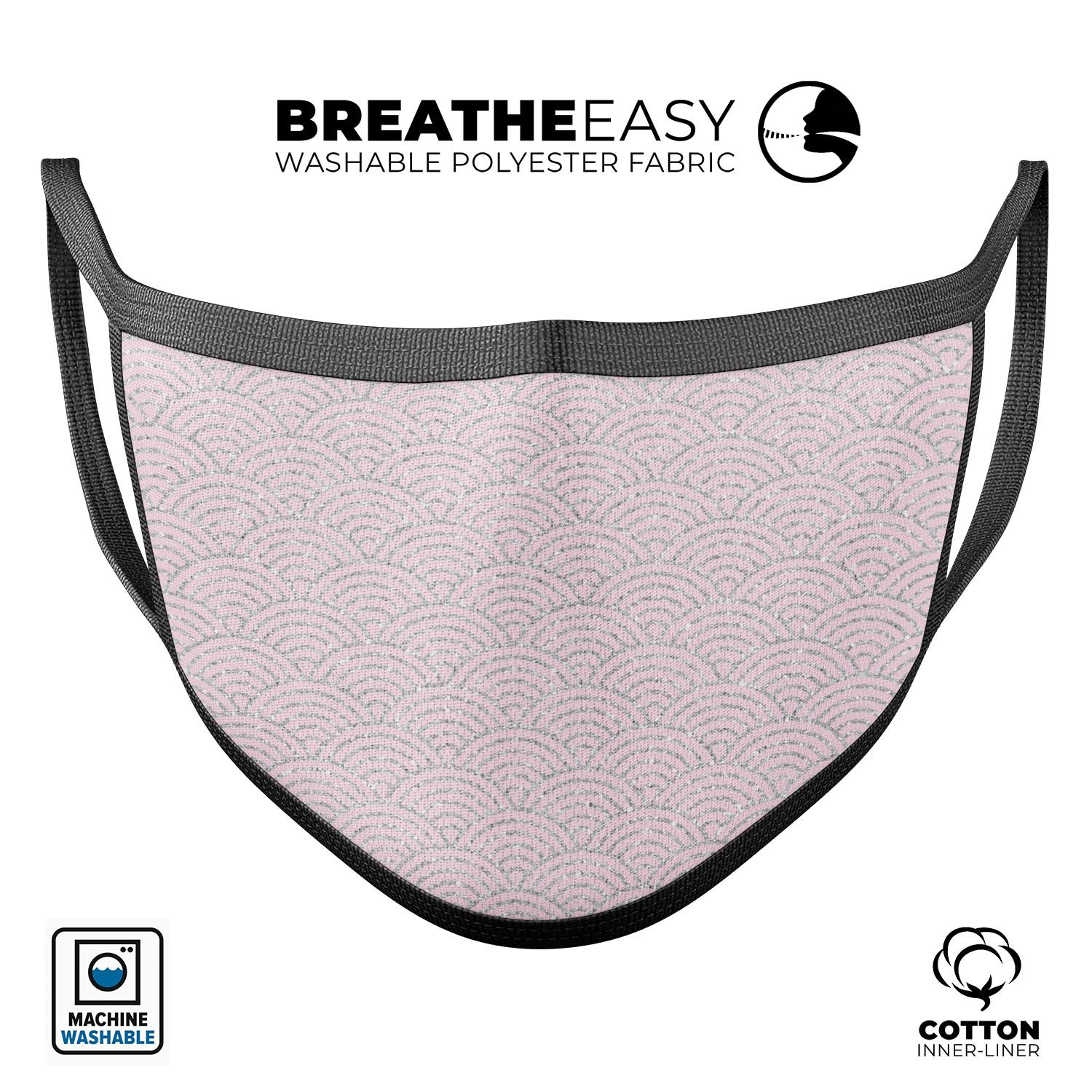 Pink and Silver Semicircles mouth cover, showcasing a stylish design with adjustable ear loops, made from soft cotton and memory foam.