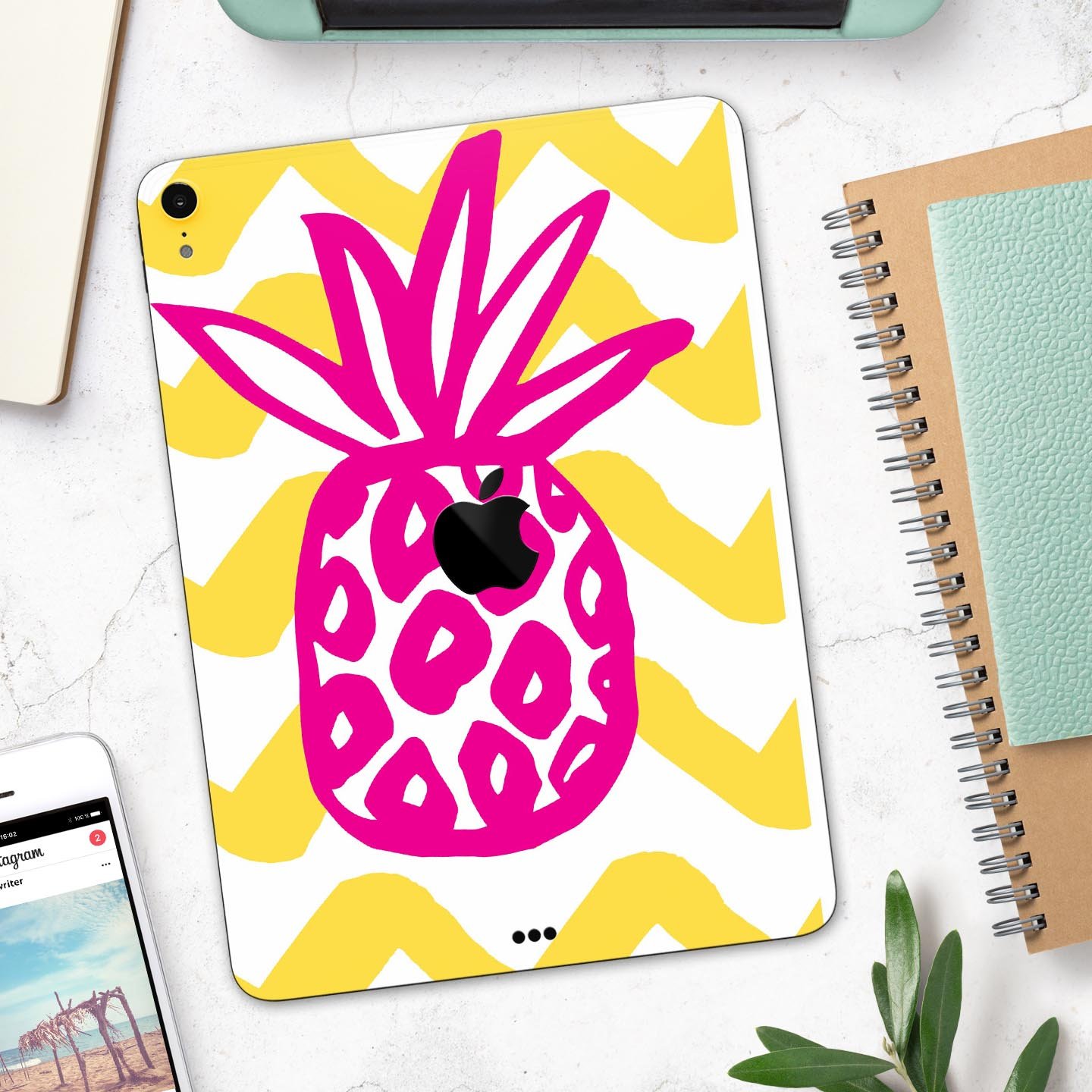 Pink and Yellow Pineapple skin decal for Apple iPad, showcasing vibrant colors and a stylish design.