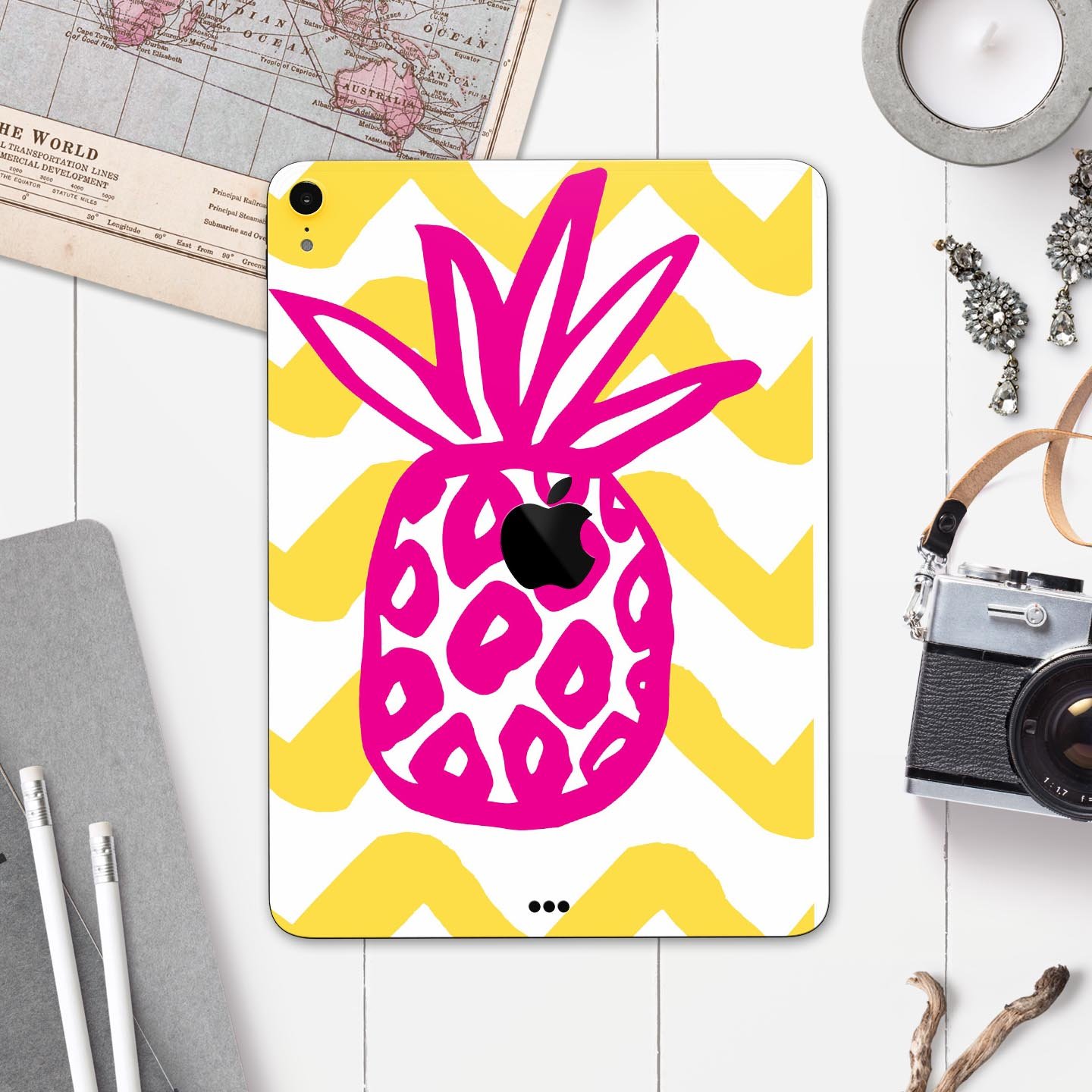 Pink and Yellow Pineapple skin decal for Apple iPad, showcasing vibrant colors and a stylish design.