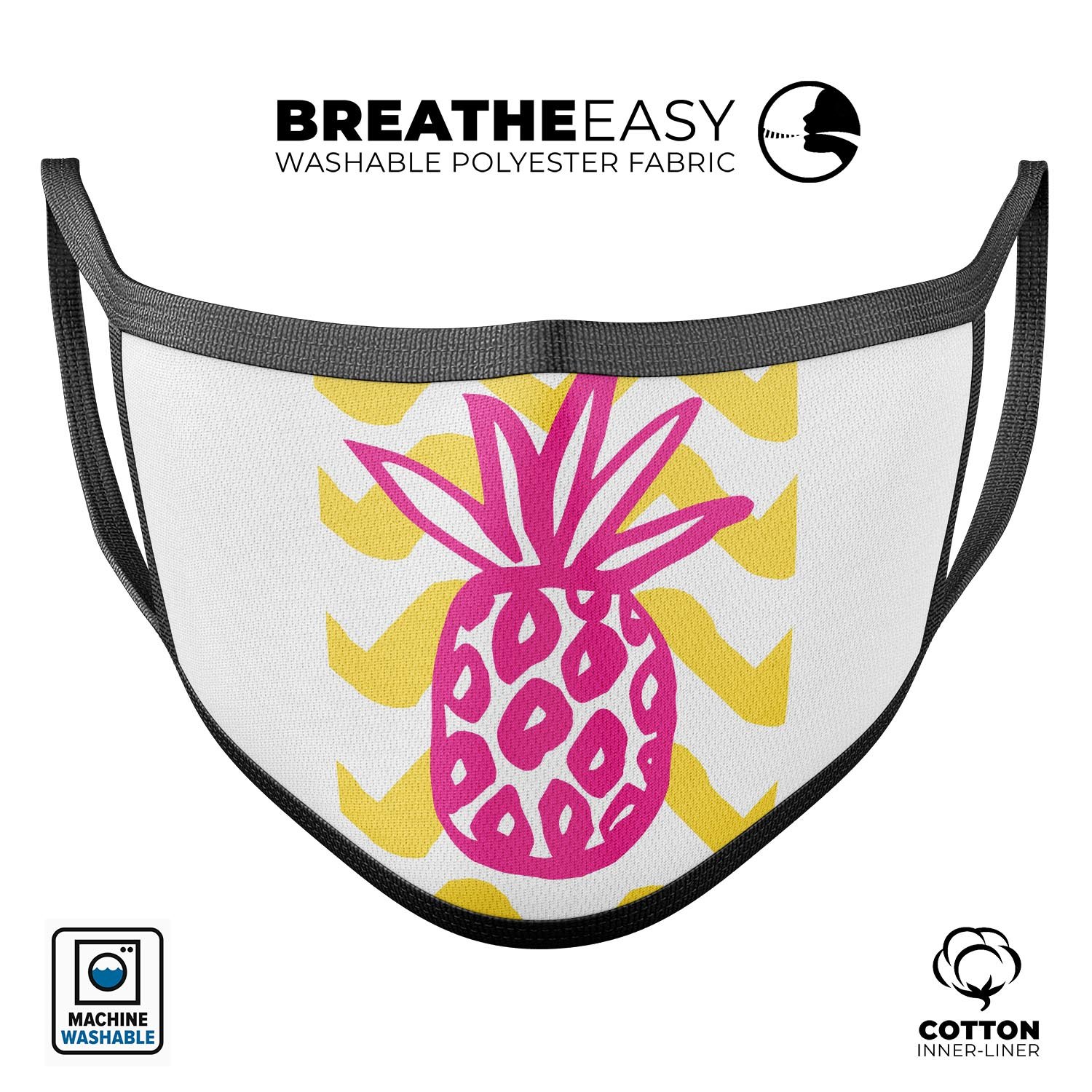 Pink and Yellow Pineapple mouth cover, featuring a vibrant design, adjustable ear loops, and made from soft cotton for comfort.