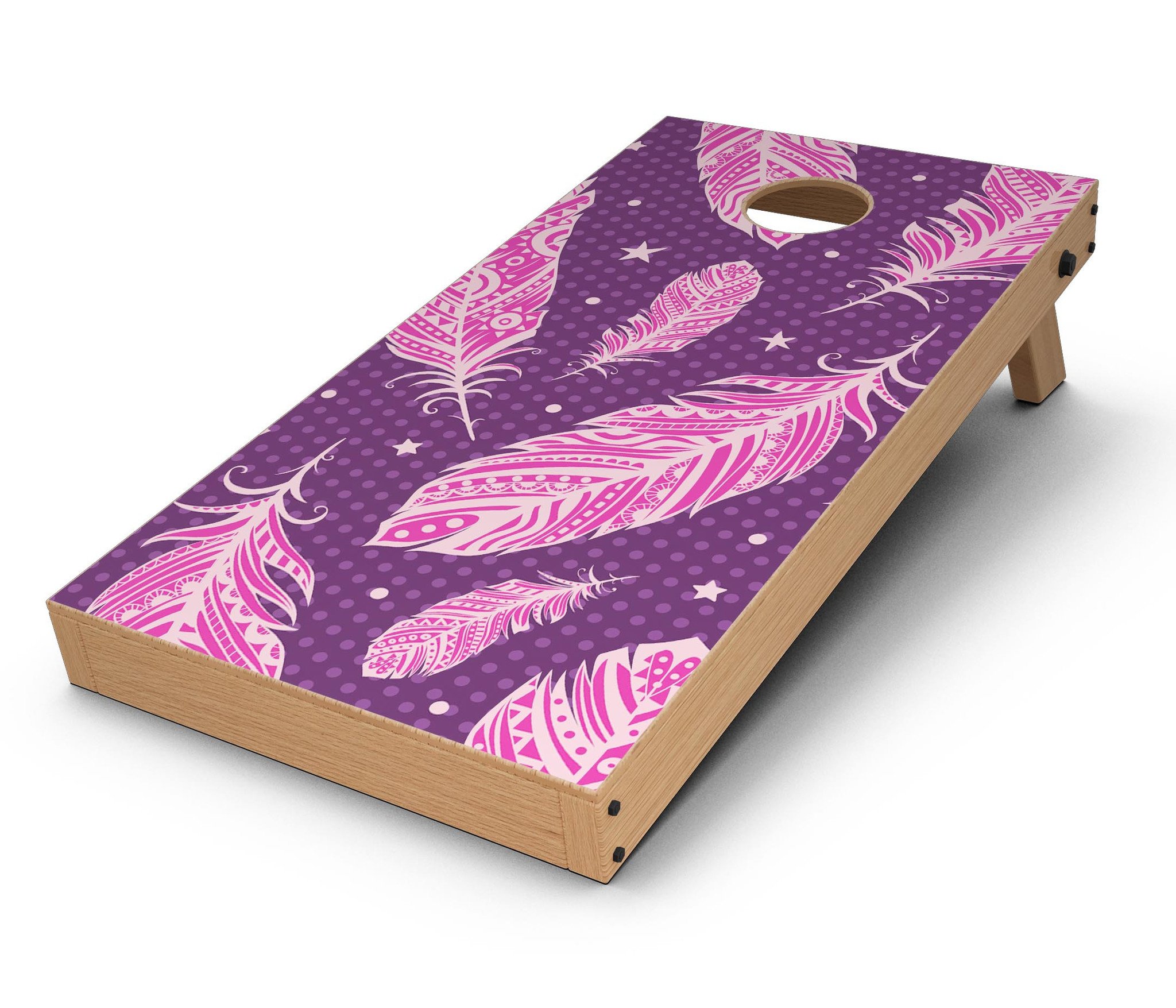 Pink Aztec Feather Galore Cornhole Board Skin Decal Kit showcasing vibrant colors and intricate feather patterns.