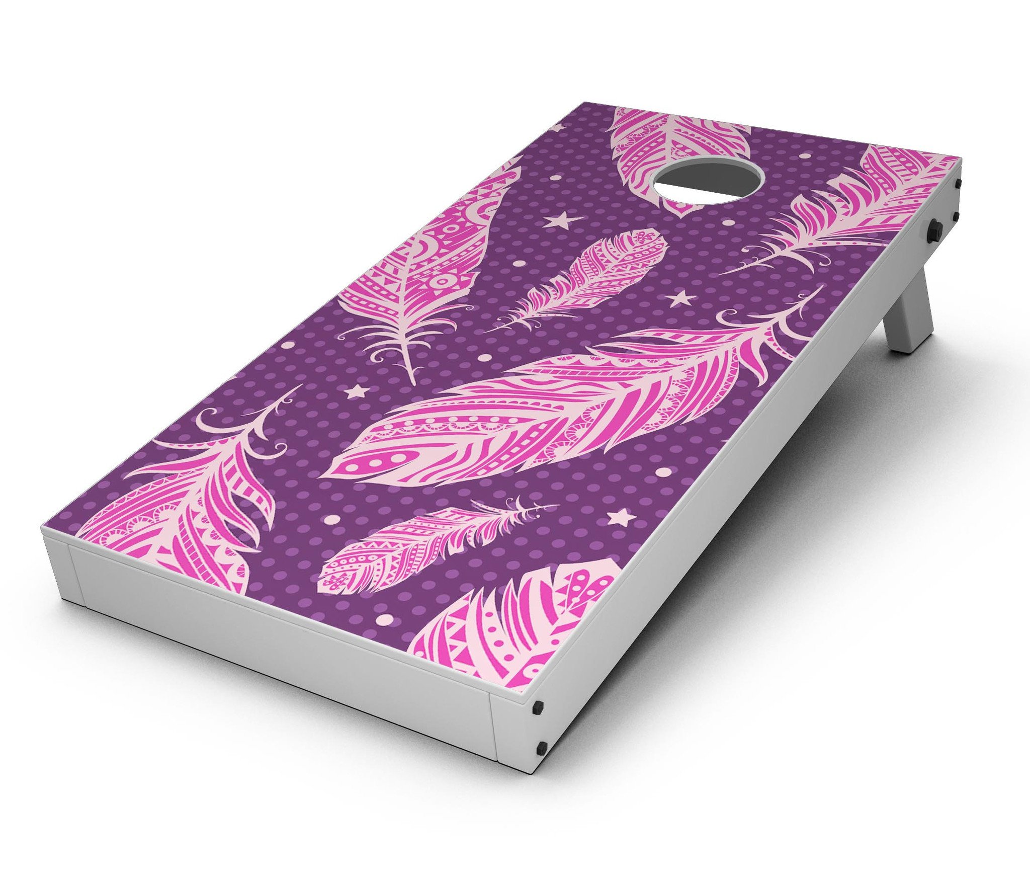 Pink Aztec Feather Galore Cornhole Board Skin Decal Kit showcasing vibrant colors and intricate feather patterns.