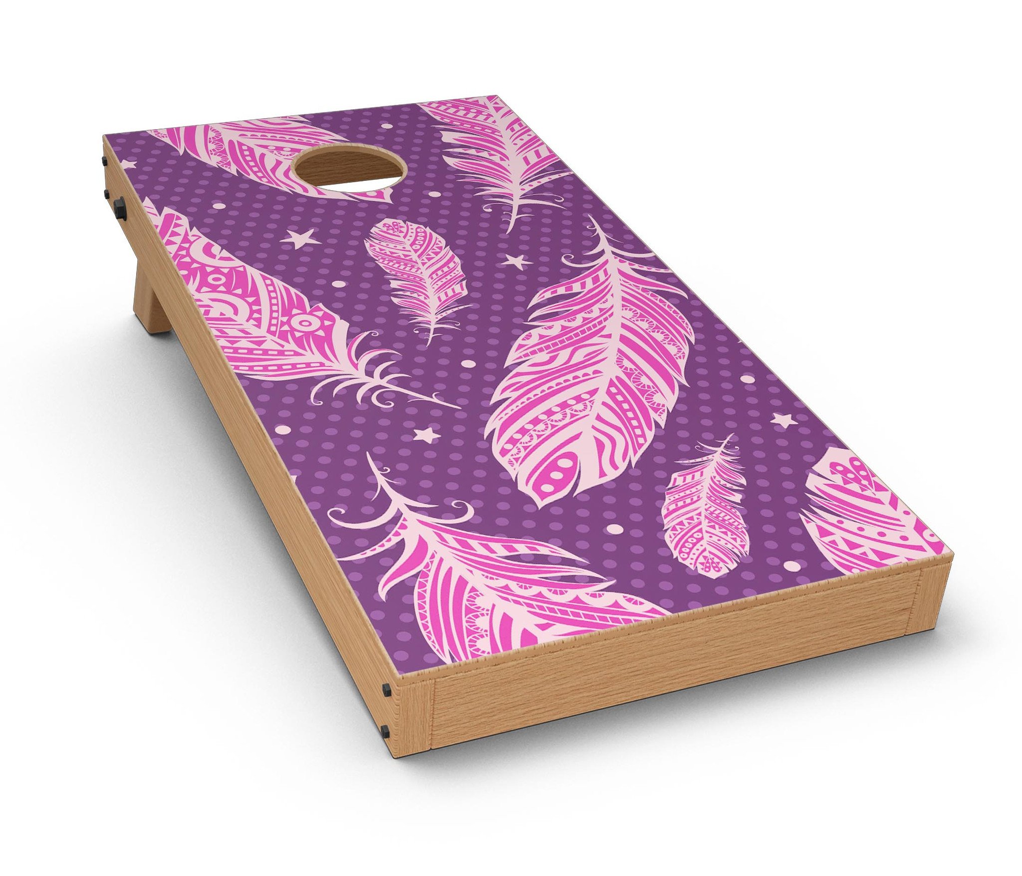 Pink Aztec Feather Galore Cornhole Board Skin Decal Kit showcasing vibrant colors and intricate feather patterns.