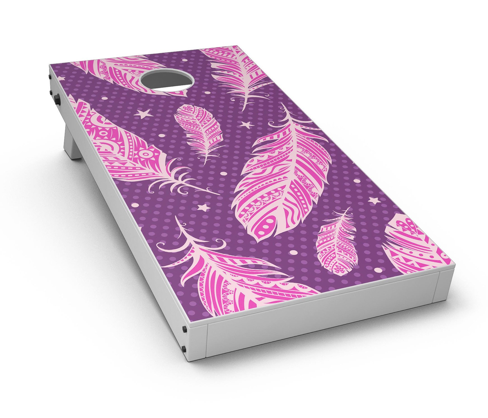 Pink Aztec Feather Galore Cornhole Board Skin Decal Kit showcasing vibrant colors and intricate feather patterns.