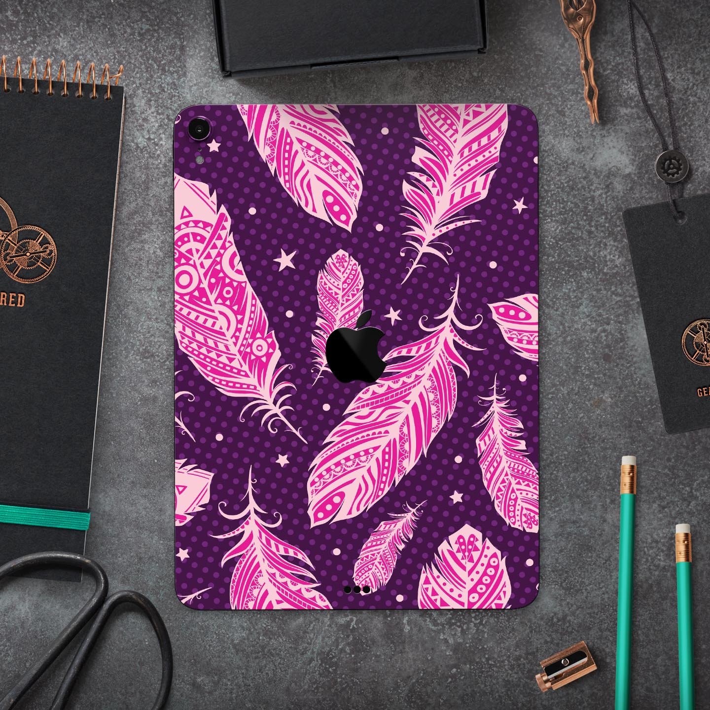 Pink Aztec Feather Galore full-body skin decal for Apple iPad, showcasing vibrant colors and intricate feather design.