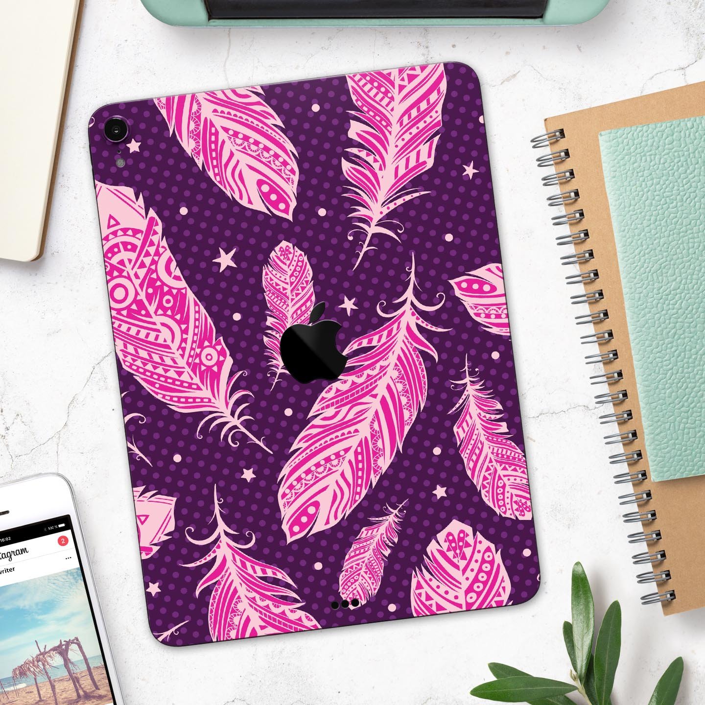 Pink Aztec Feather Galore full-body skin decal for Apple iPad, showcasing vibrant colors and intricate feather design.