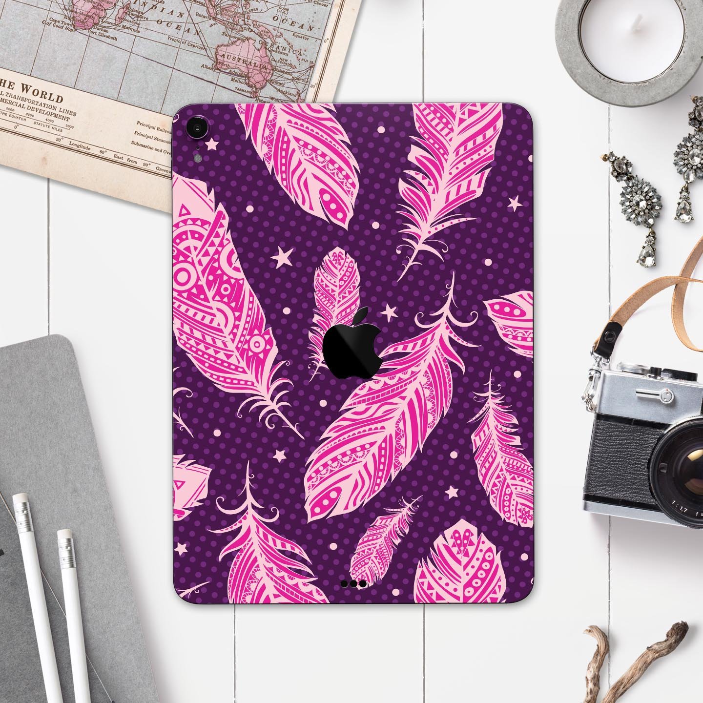 Pink Aztec Feather Galore full-body skin decal for Apple iPad, showcasing vibrant colors and intricate feather design.