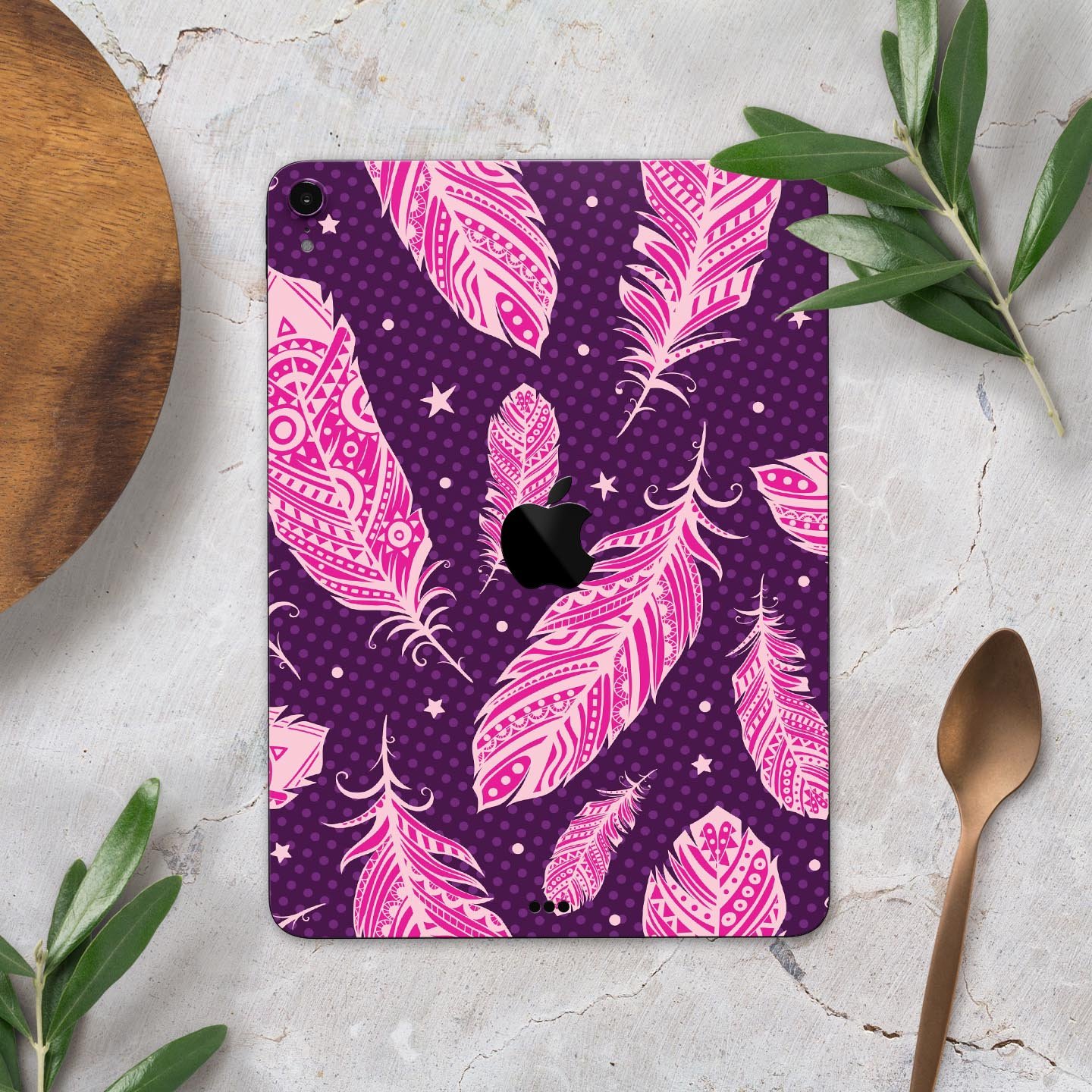 Pink Aztec Feather Galore full-body skin decal for Apple iPad, showcasing vibrant colors and intricate feather design.