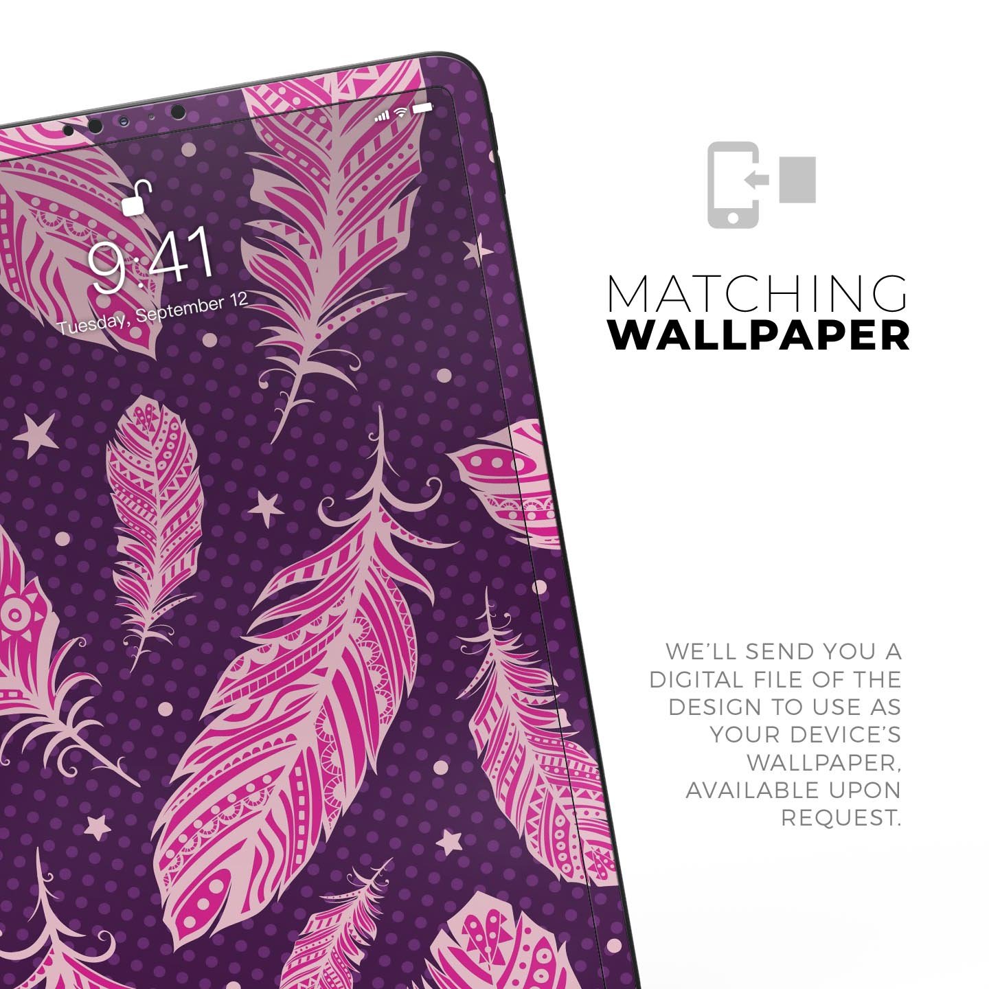 Pink Aztec Feather Galore full-body skin decal for Apple iPad, showcasing vibrant colors and intricate feather design.