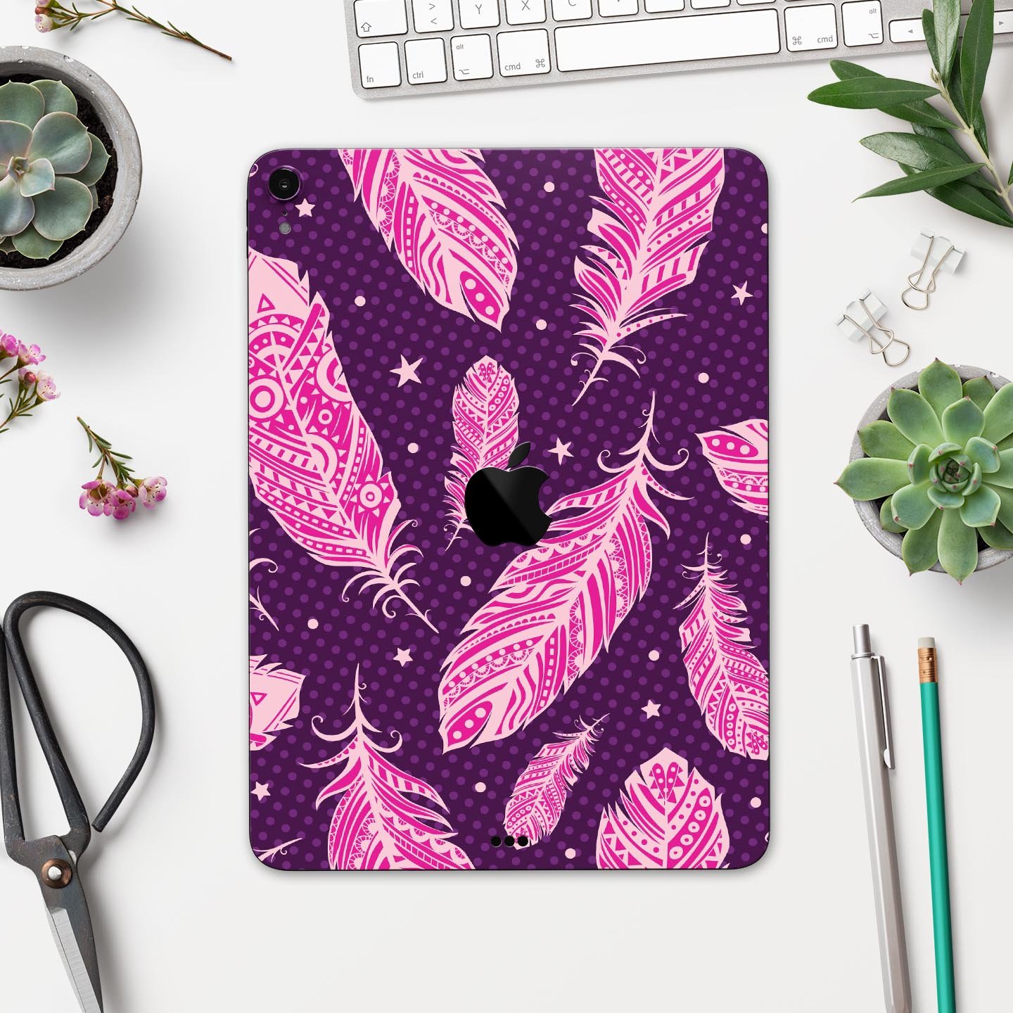 Pink Aztec Feather Galore full-body skin decal for Apple iPad, showcasing vibrant colors and intricate feather design.