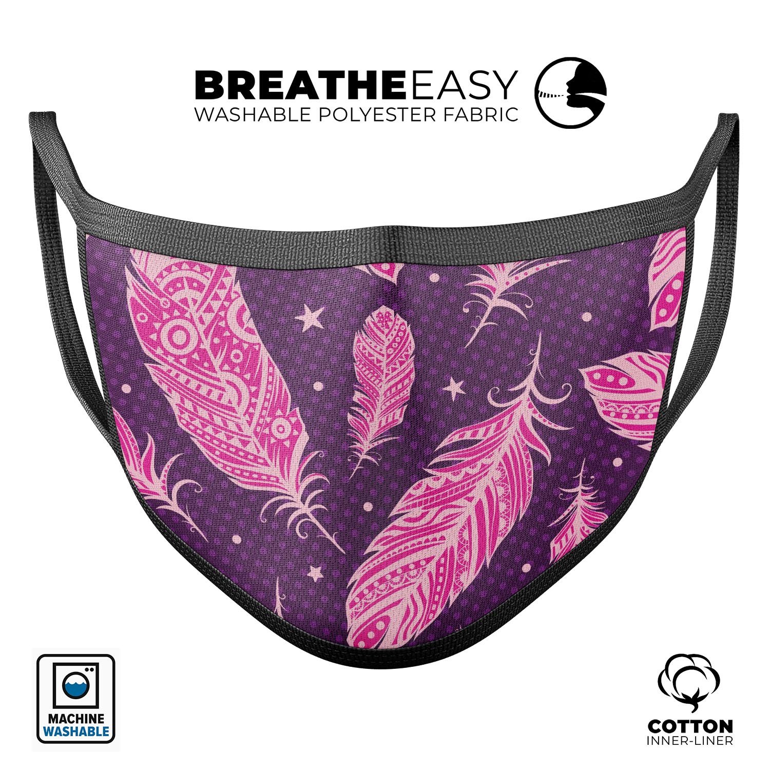 Pink Aztec Feather Galore mouth cover, featuring a vibrant design, adjustable ear loops, and made from soft cotton for comfort.