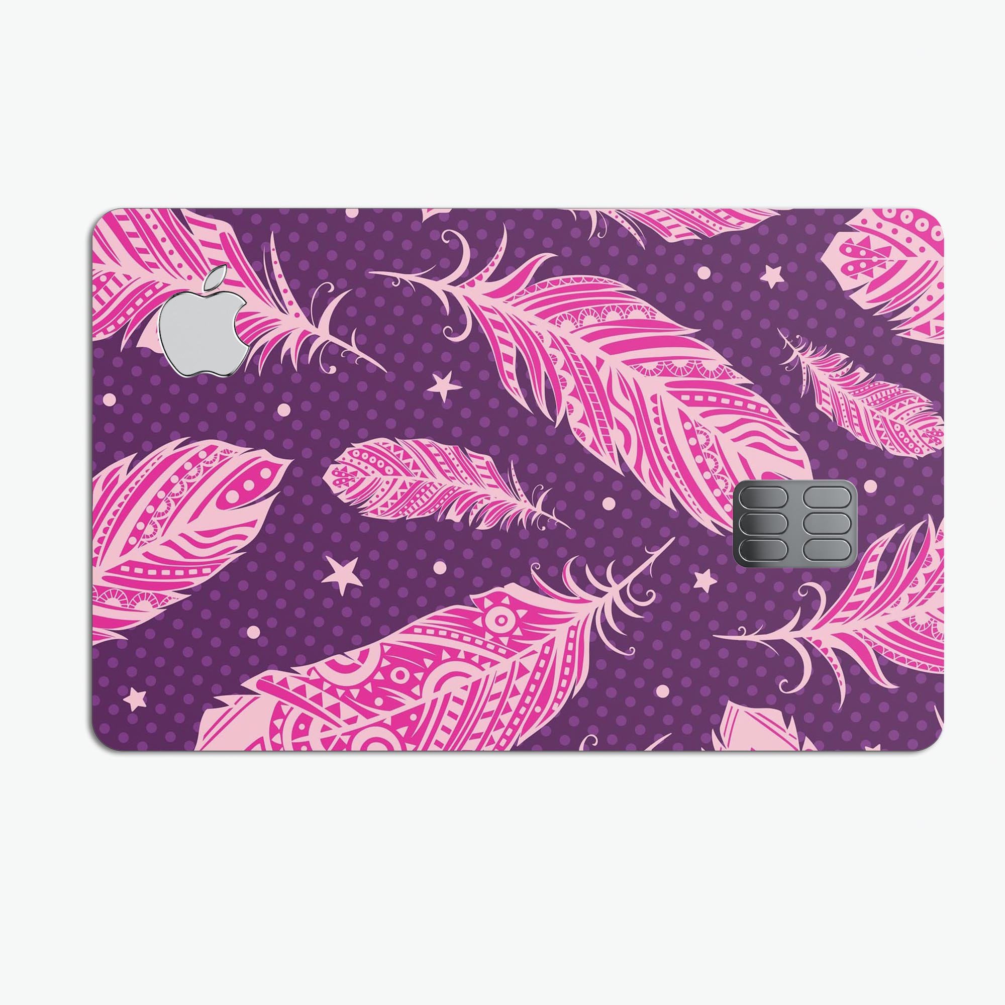 Pink Aztec Feather Galore decal skin for Apple Card, showcasing vibrant colors and intricate feather design.