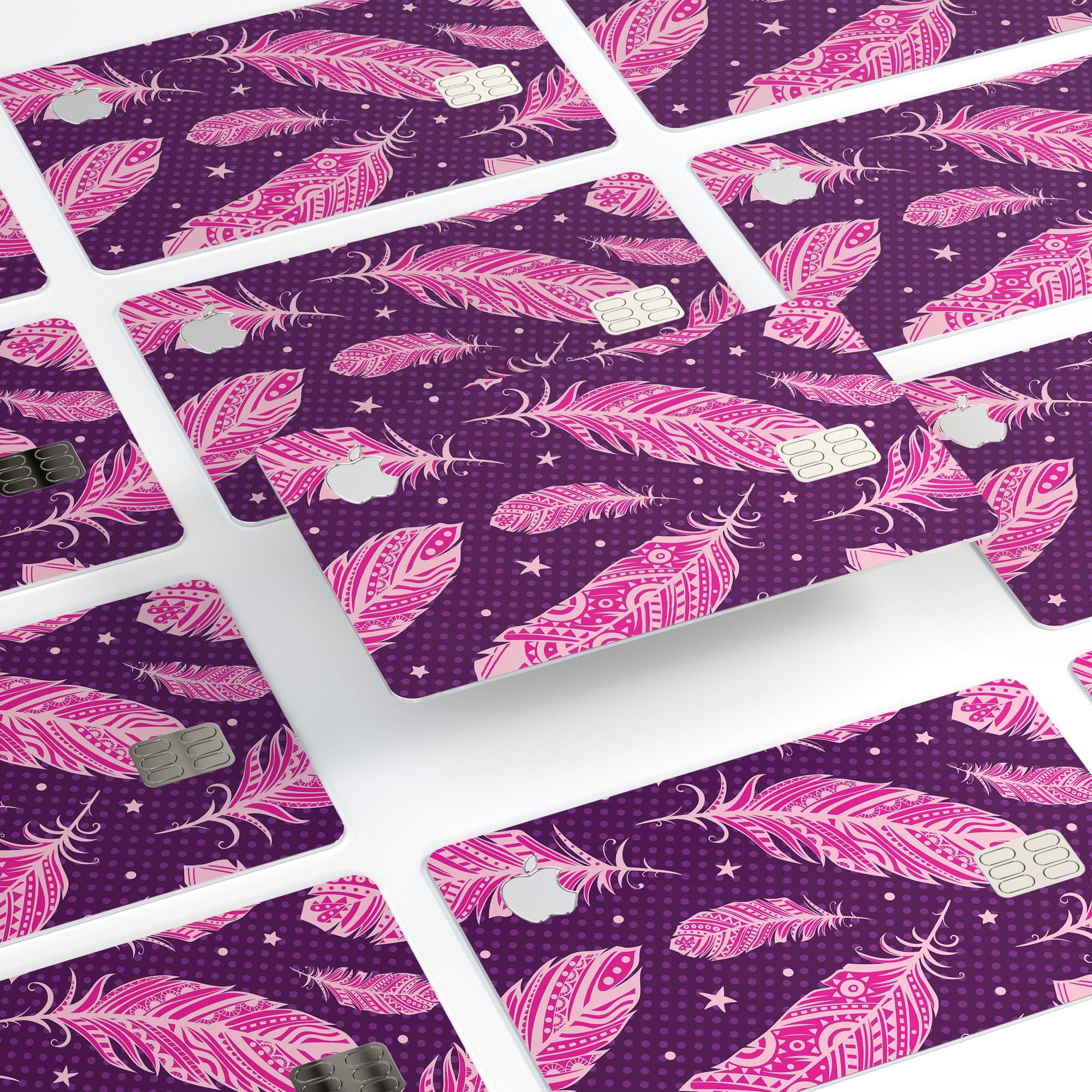 Pink Aztec Feather Galore decal skin for Apple Card, showcasing vibrant colors and intricate feather design.