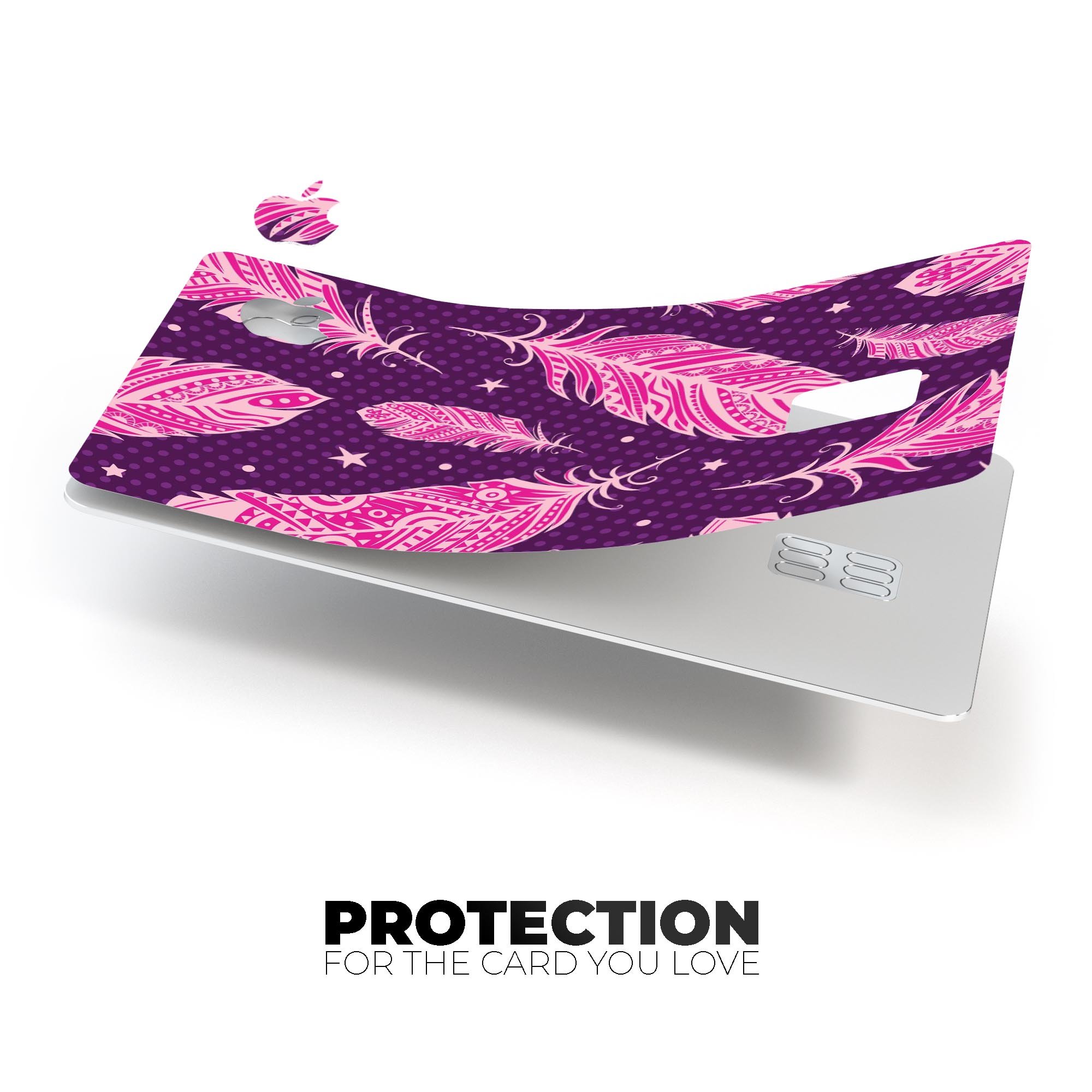 Pink Aztec Feather Galore decal skin for Apple Card, showcasing vibrant colors and intricate feather design.