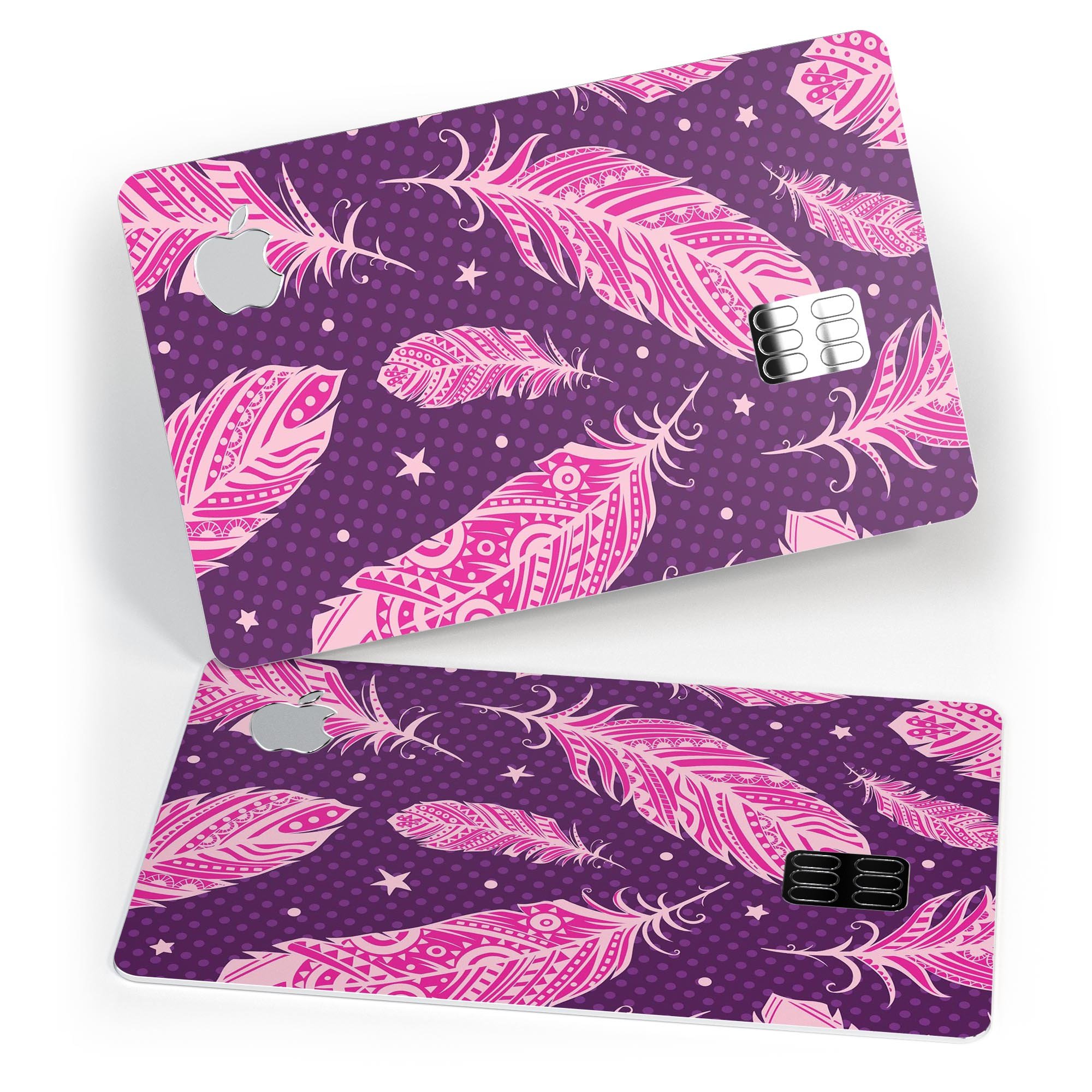 Pink Aztec Feather Galore decal skin for Apple Card, showcasing vibrant colors and intricate feather design.