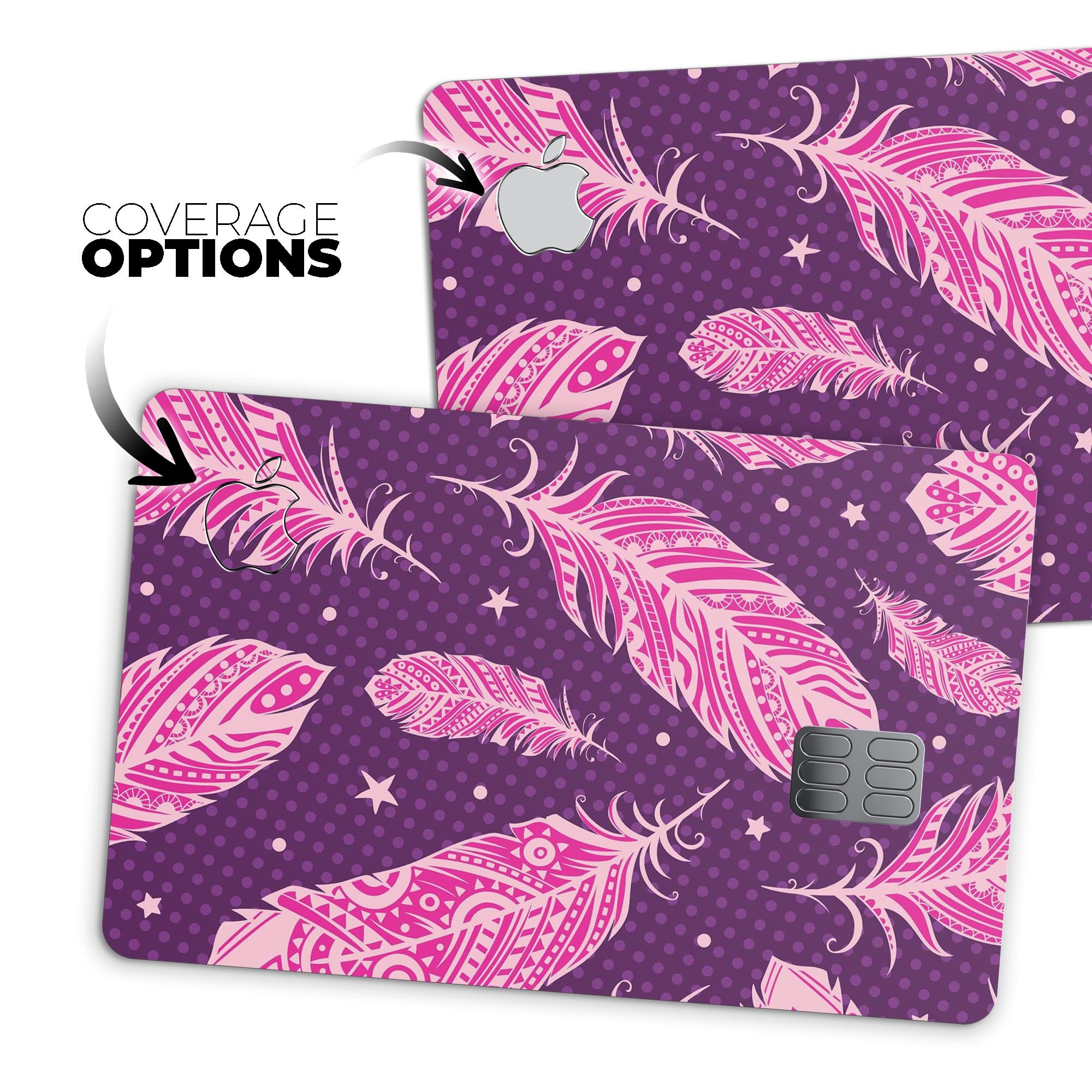 Pink Aztec Feather Galore decal skin for Apple Card, showcasing vibrant colors and intricate feather design.