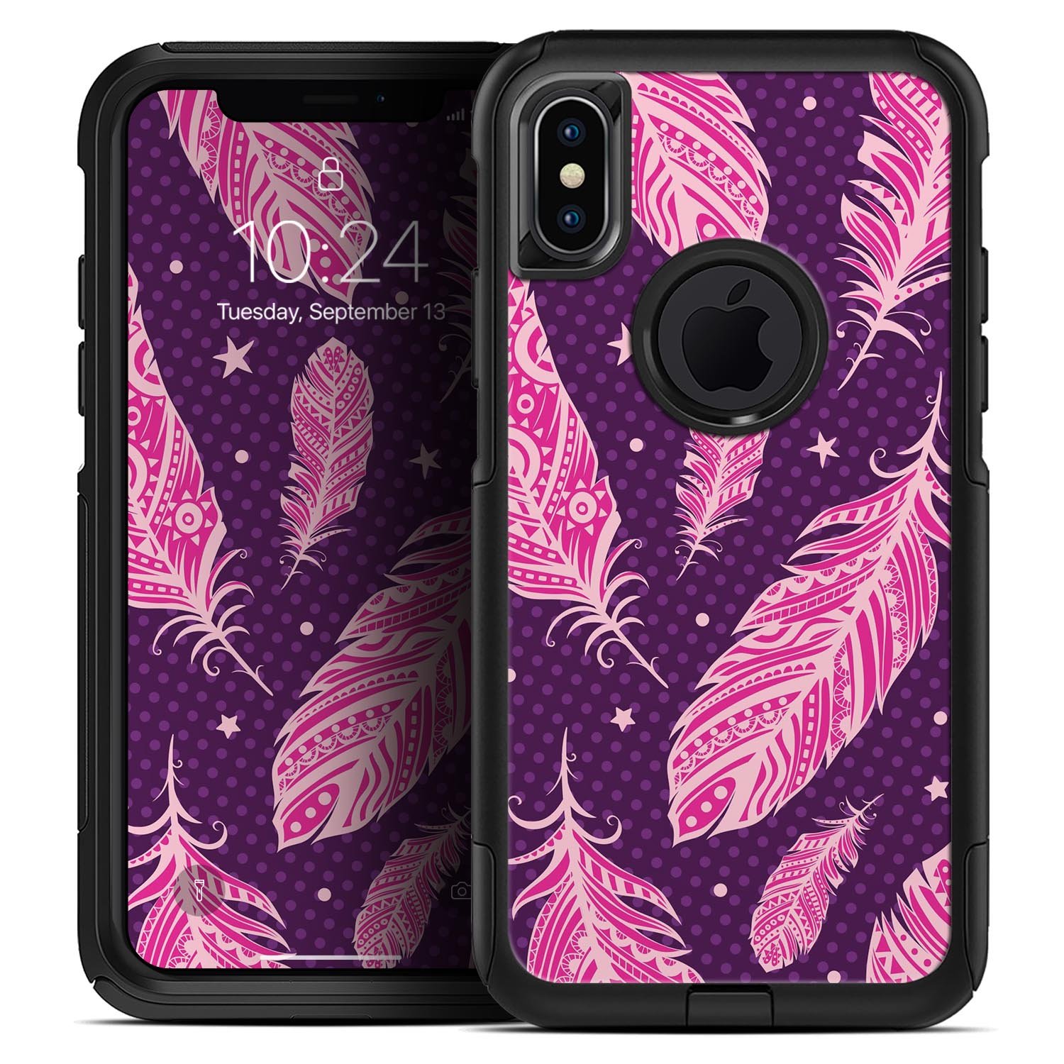 Pink Aztec Feather Galore Skin Kit for iPhone OtterBox Cases featuring vibrant colors and intricate feather design.