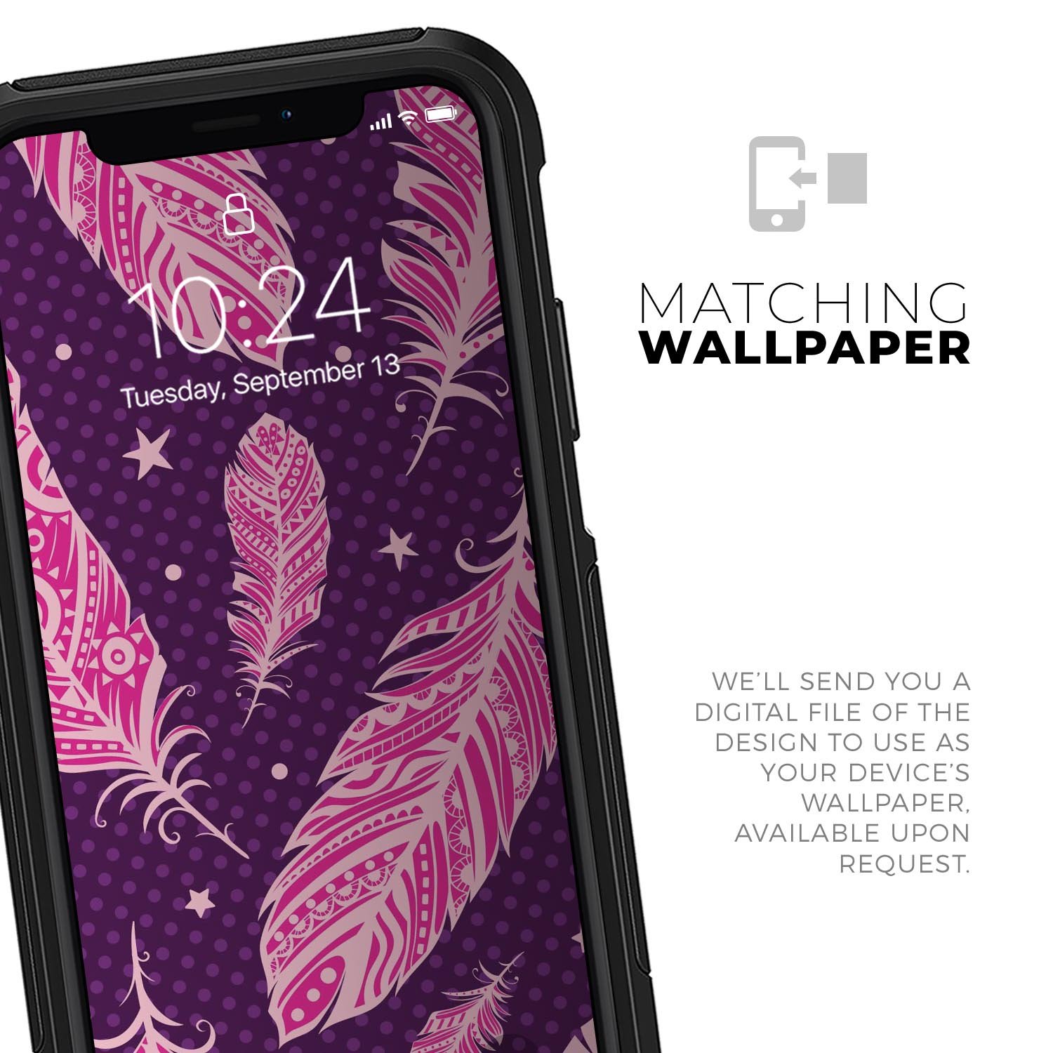 Pink Aztec Feather Galore Skin Kit for iPhone OtterBox Cases featuring vibrant colors and intricate feather design.