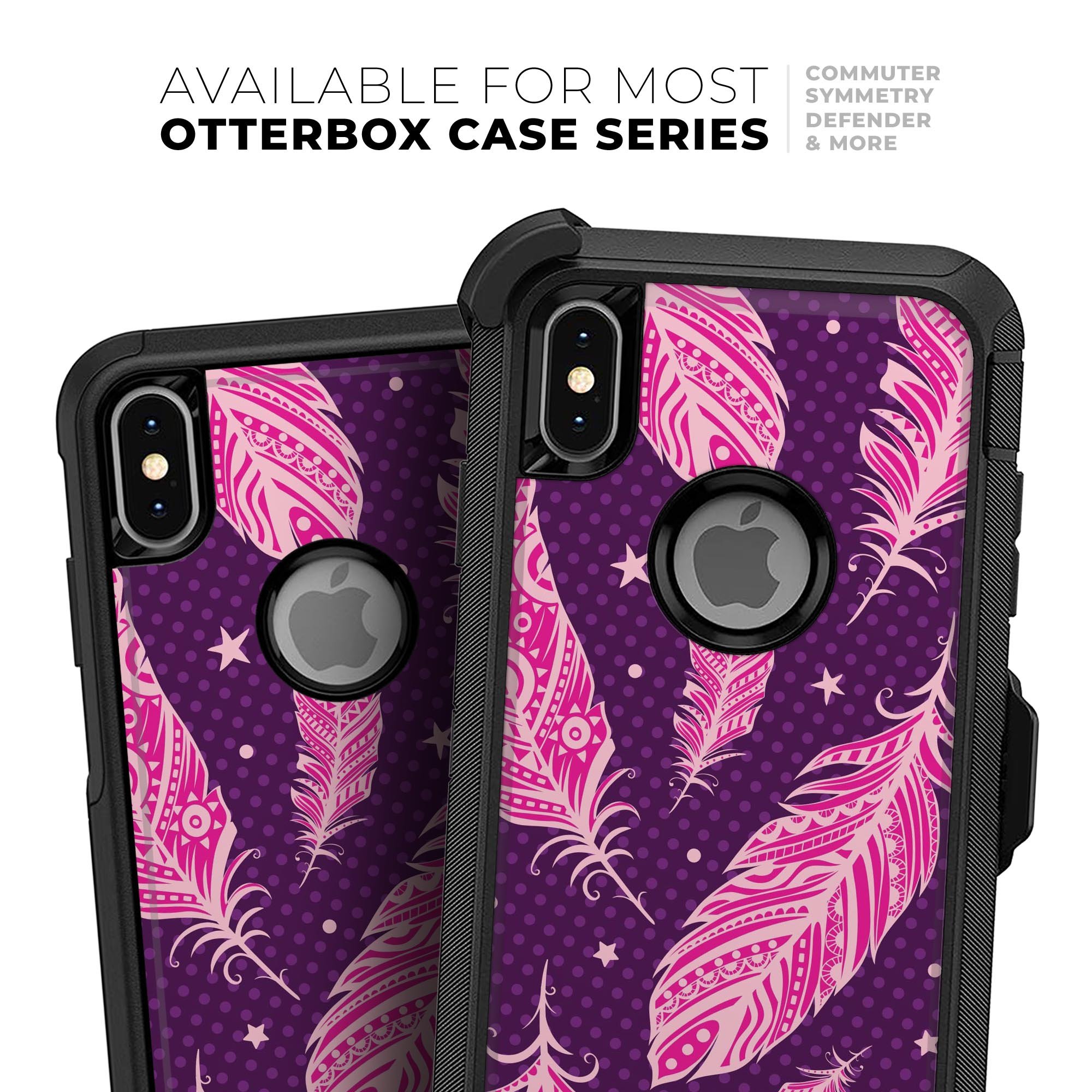 Pink Aztec Feather Galore Skin Kit for iPhone OtterBox Cases featuring vibrant colors and intricate feather design.