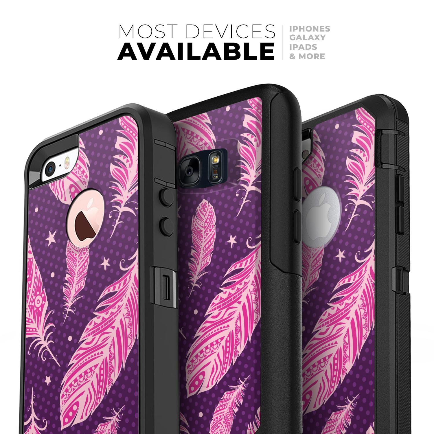 Pink Aztec Feather Galore Skin Kit for iPhone OtterBox Cases featuring vibrant colors and intricate feather design.