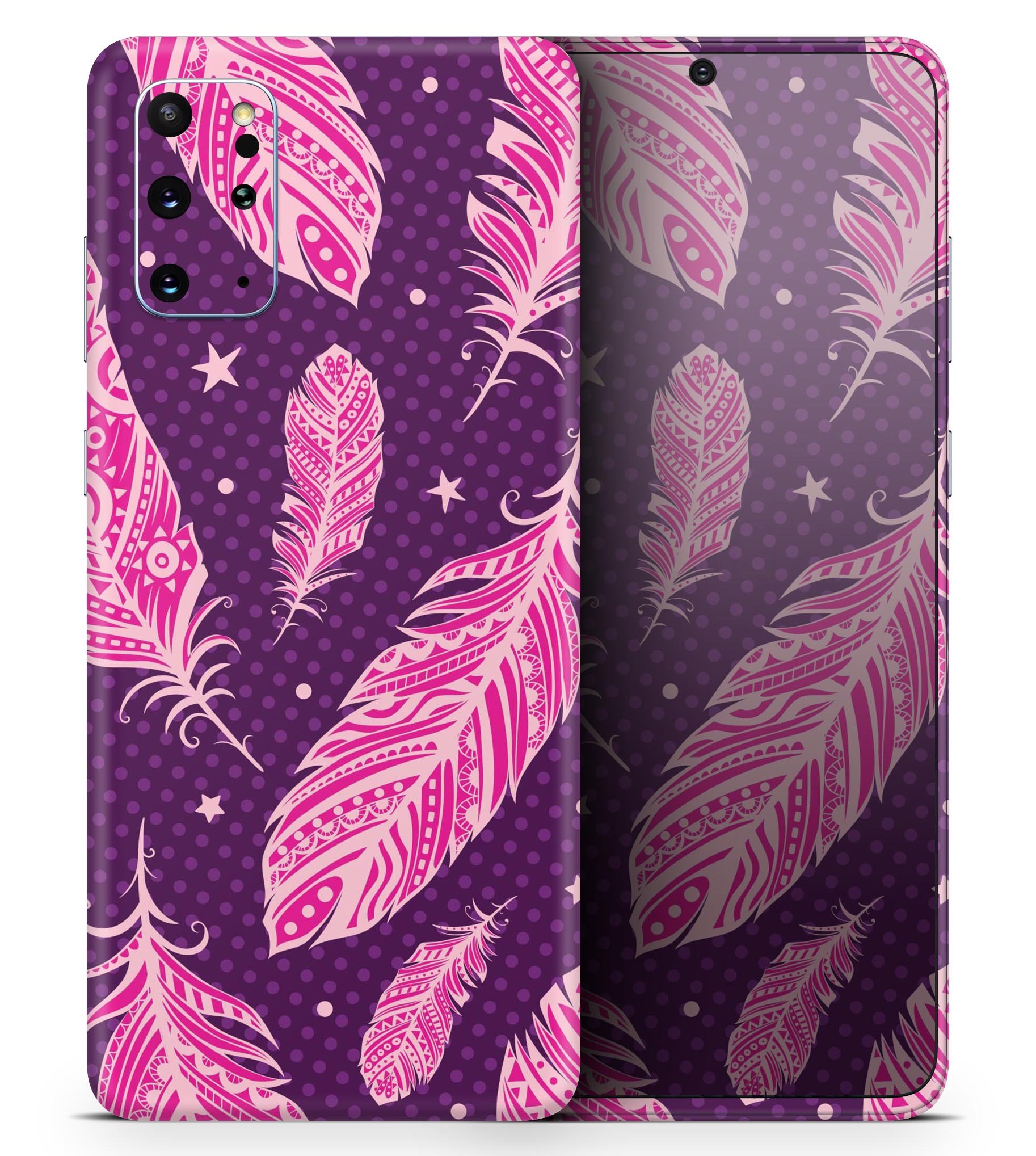 Pink Aztec Feather Galore Skin-Kit for Samsung Galaxy S-Series, showcasing vibrant colors and intricate feather design.