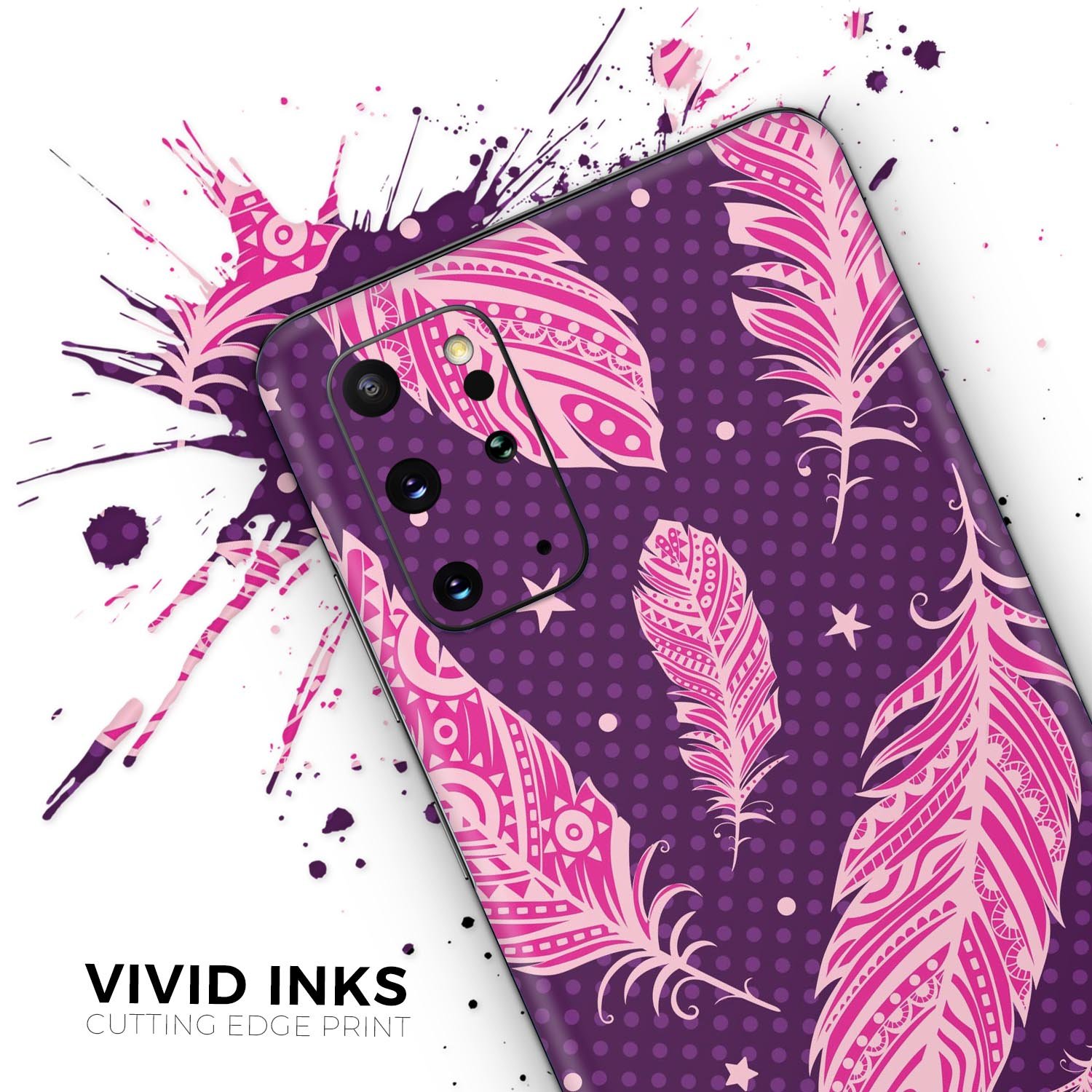 Pink Aztec Feather Galore Skin-Kit for Samsung Galaxy S-Series, showcasing vibrant colors and intricate feather design.