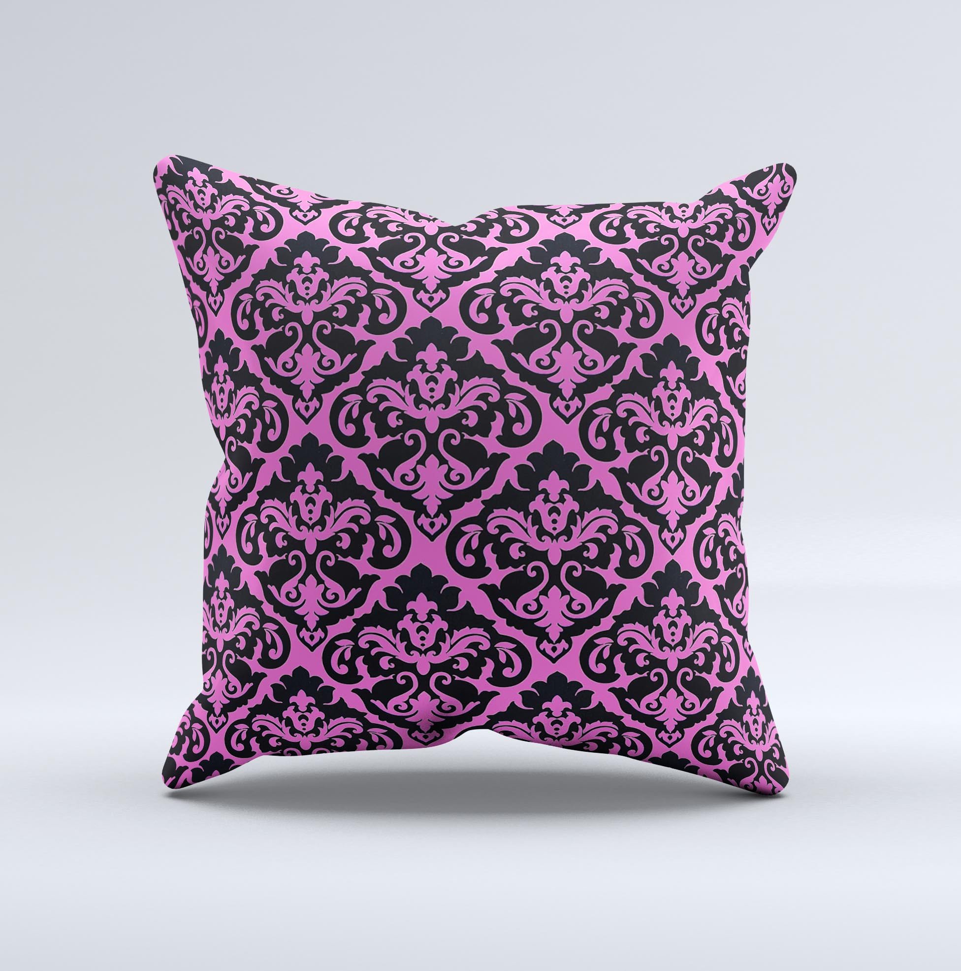 Pink and black decorative throw pillow with a delicate pattern, handcrafted in Virginia, showcasing unique ink-fuzed design.