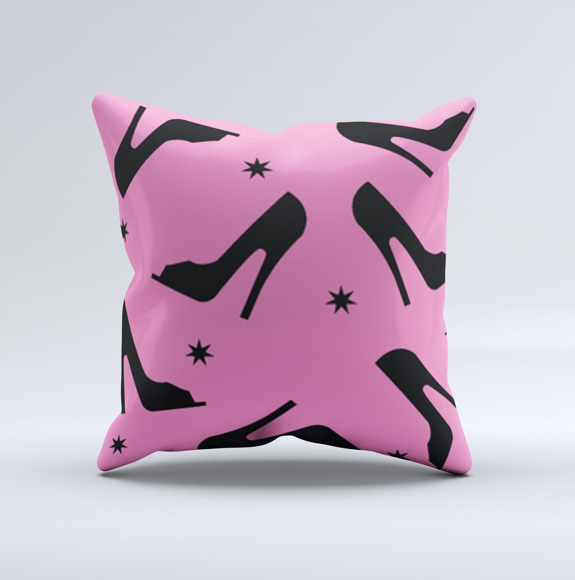 Pink and black decorative throw pillow featuring a high-heel pattern, handcrafted with high thread count fabric and polyester filling.