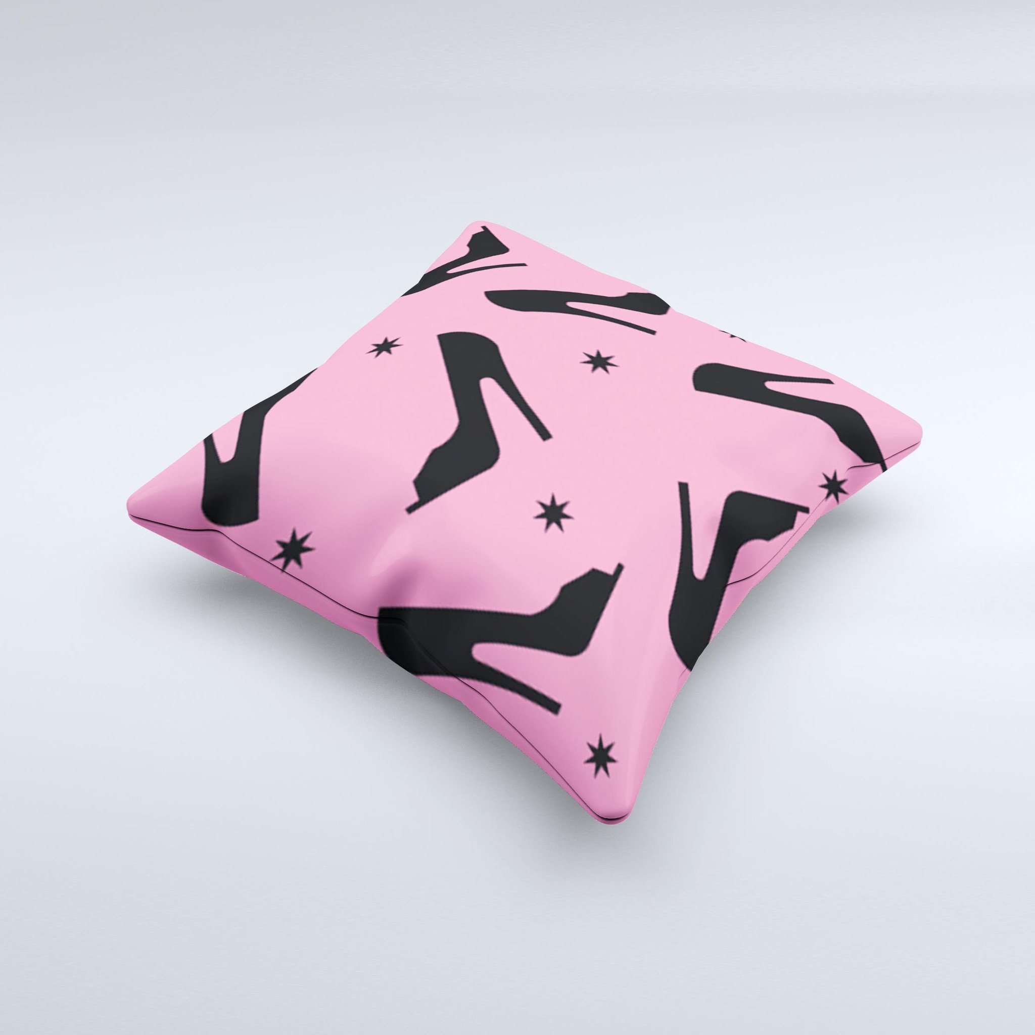 Pink and black decorative throw pillow featuring a high-heel pattern, handcrafted with high thread count fabric and polyester filling.