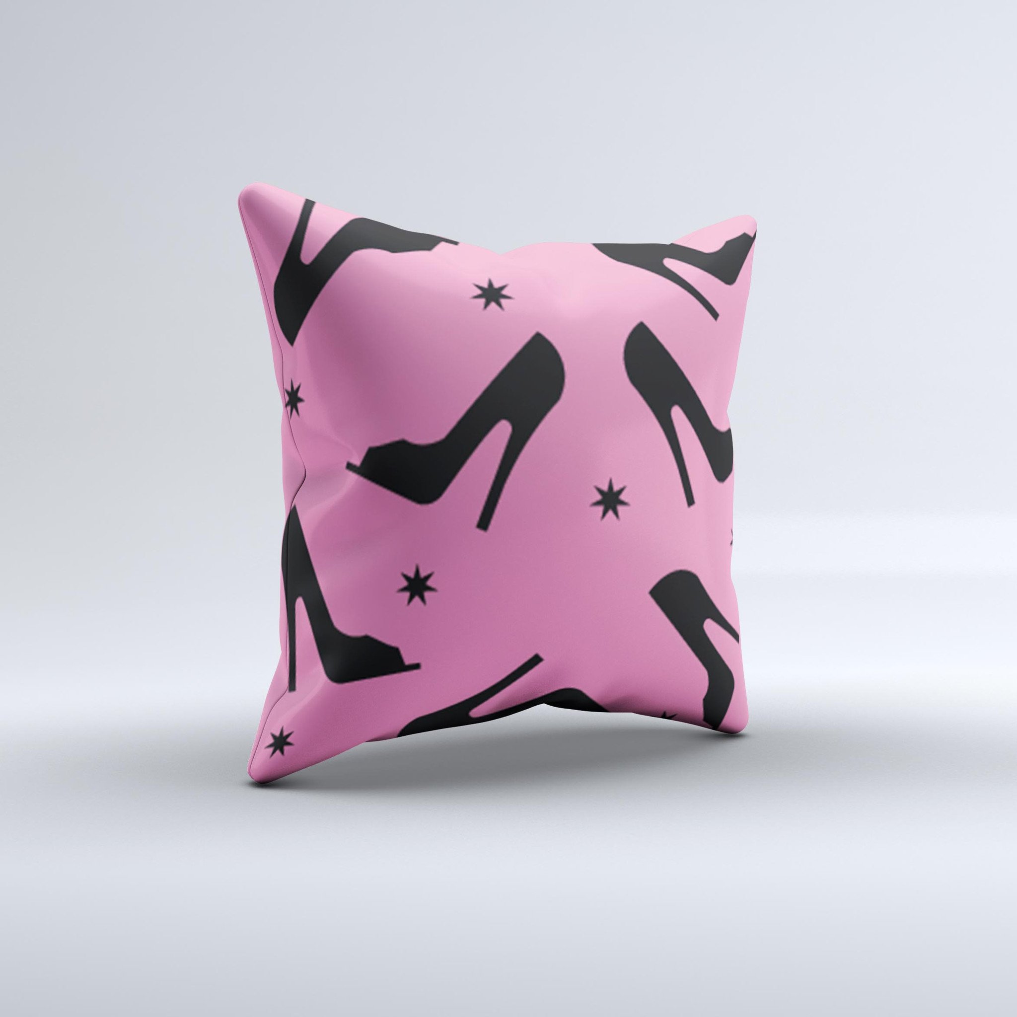 Pink and black decorative throw pillow featuring a high-heel pattern, handcrafted with high thread count fabric and polyester filling.