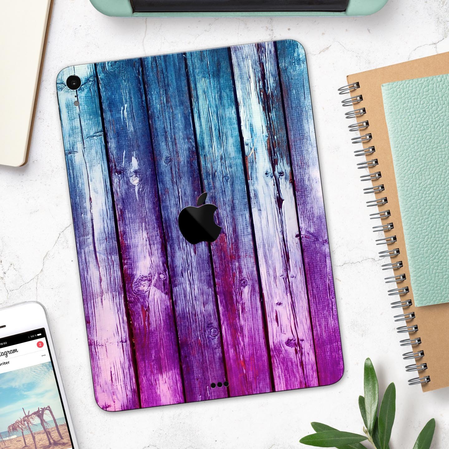 Pink and blue dyed wood skin decal for Apple iPad Pro, showcasing vibrant colors and a sleek design.