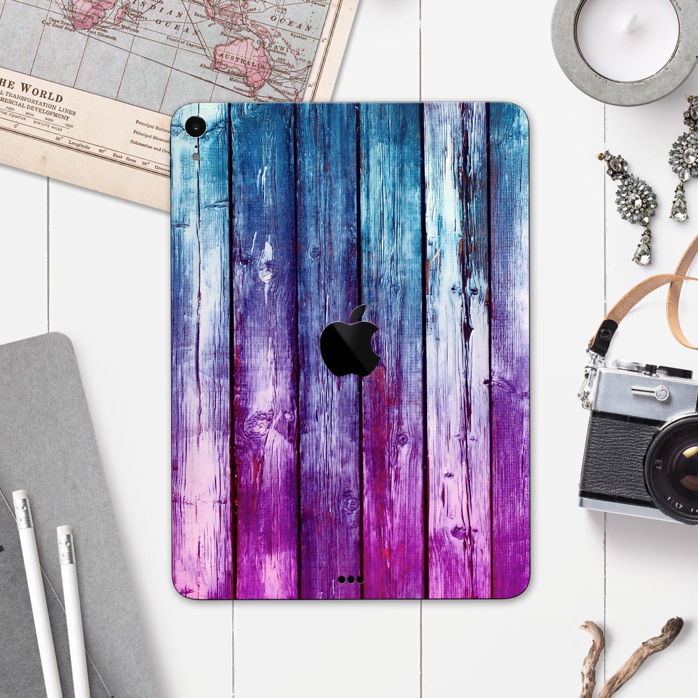 Pink and blue dyed wood skin decal for Apple iPad Pro, showcasing vibrant colors and a sleek design.