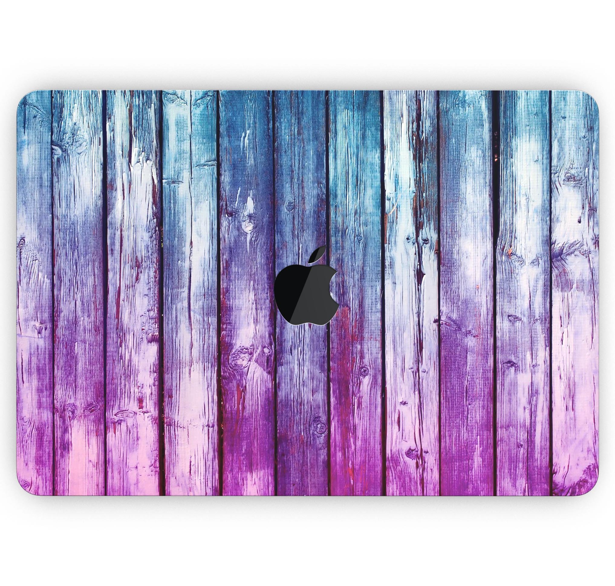 Pink and blue dyed wood skin decal wrap kit for Apple MacBook, showcasing vibrant colors and premium vinyl material.